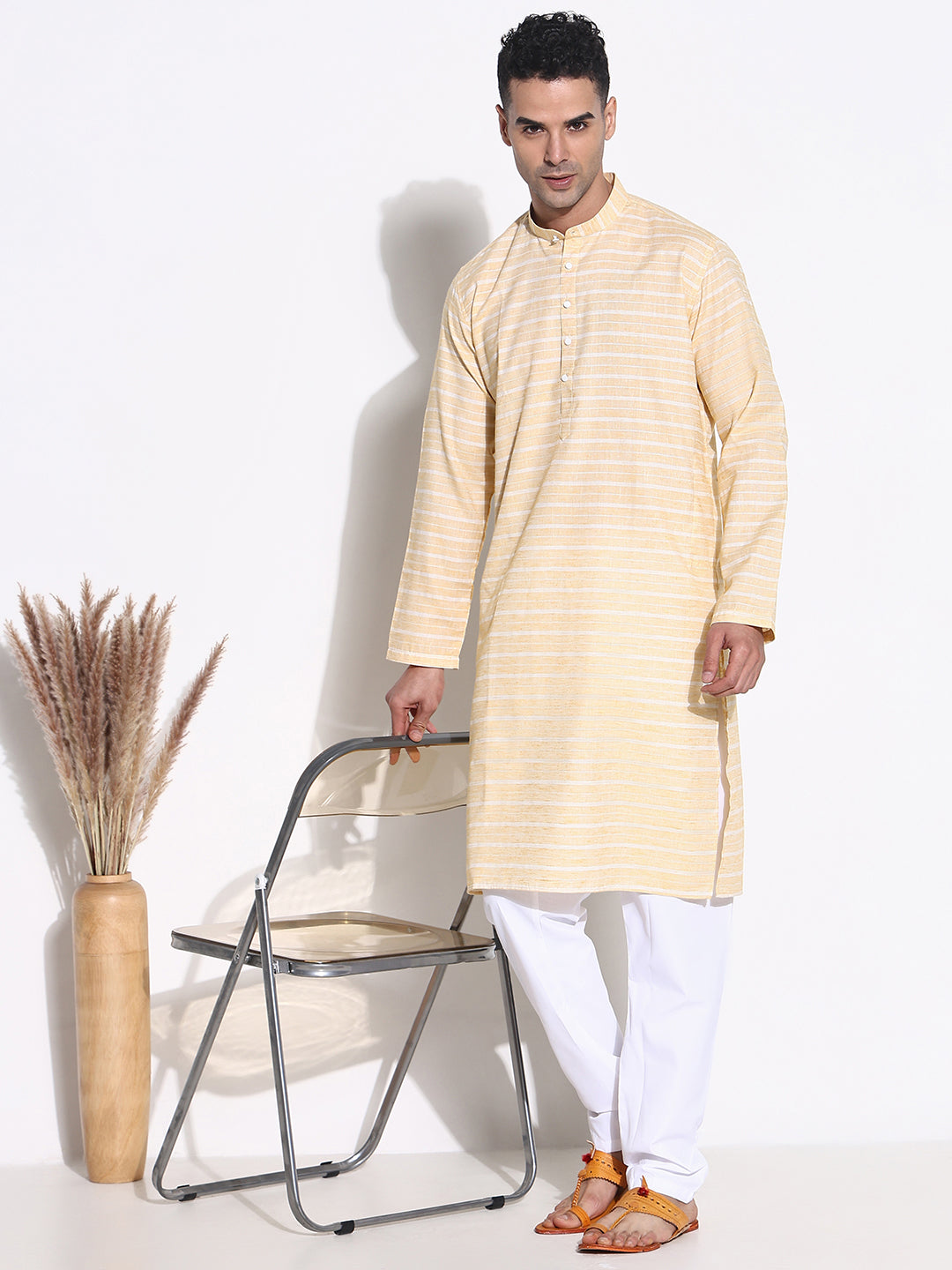 Men Yellow Striped Kurta Set