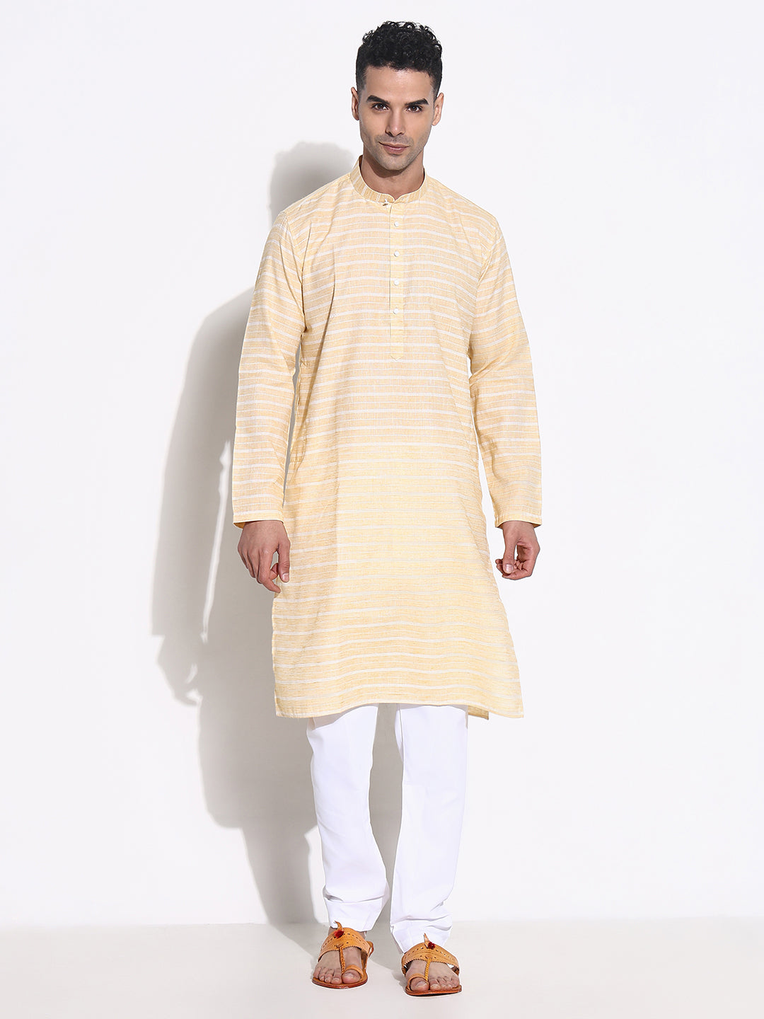 Men Yellow Striped Kurta Set