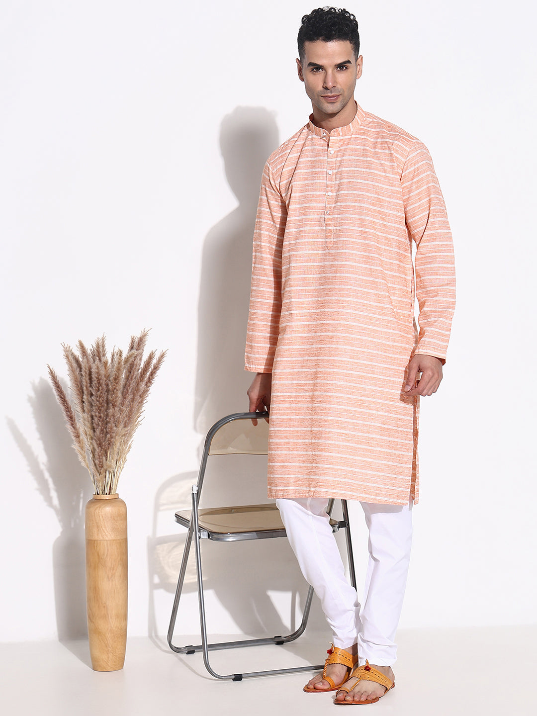 Men Orange Striped Kurta Set