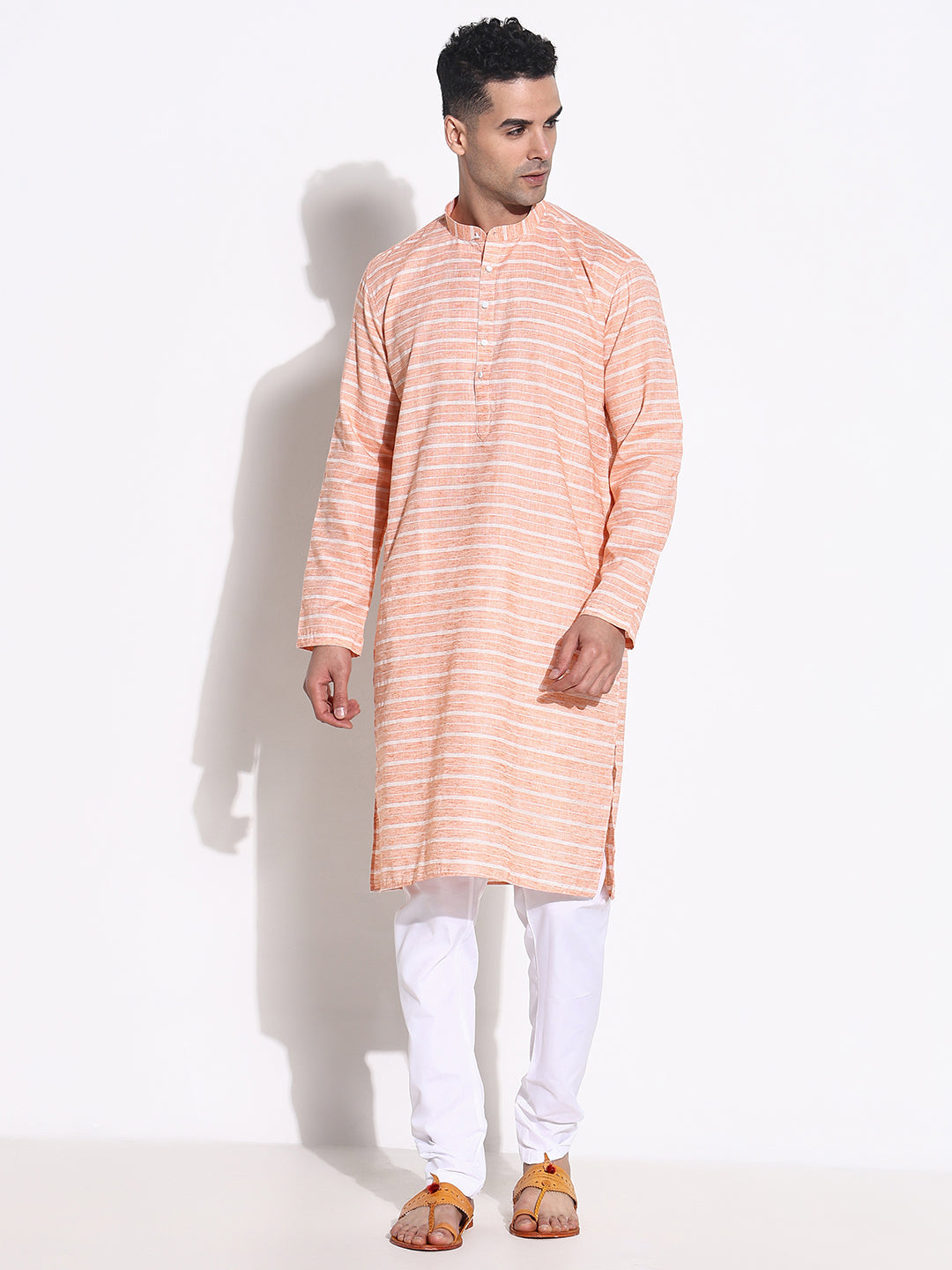 Men Orange Striped Kurta Set