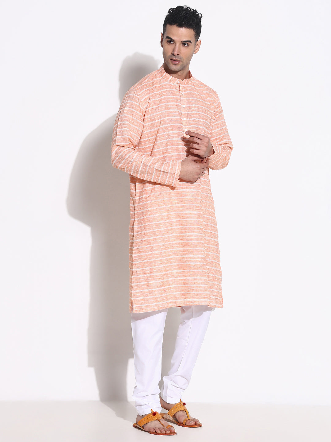 Men Orange Striped Kurta Set