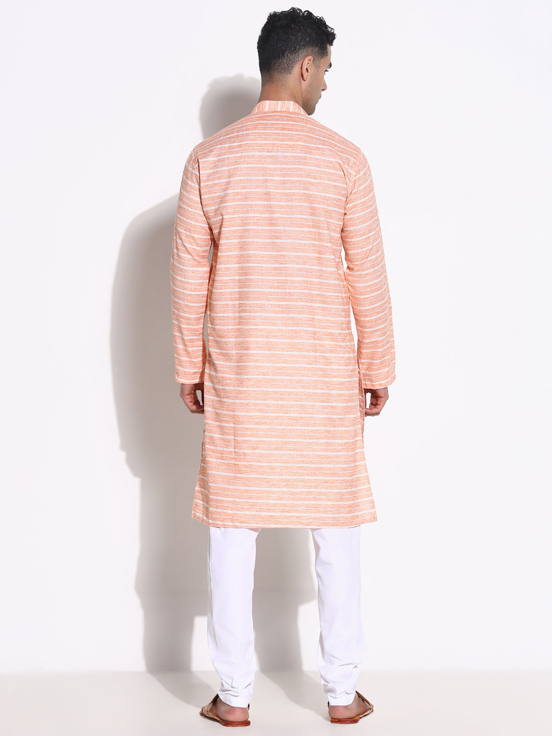 Men Orange Striped Kurta Set