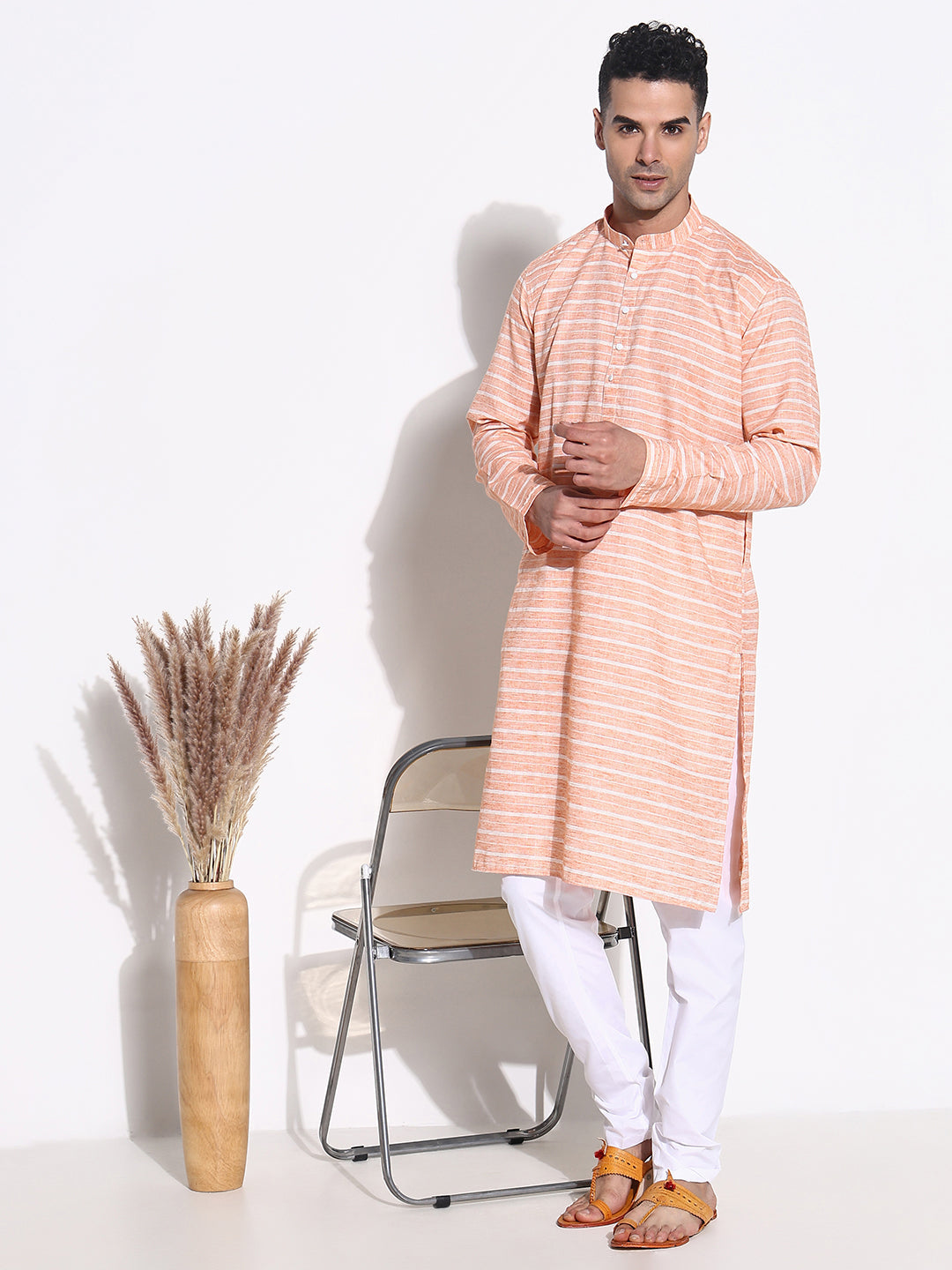 Men Orange Striped Kurta Set