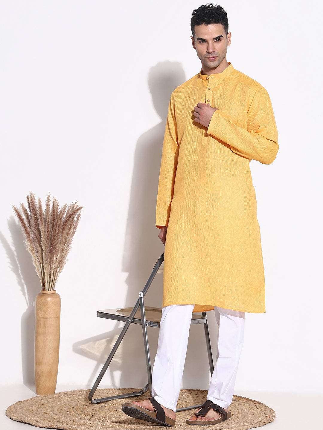 Men Yellow Solid Kurta Set