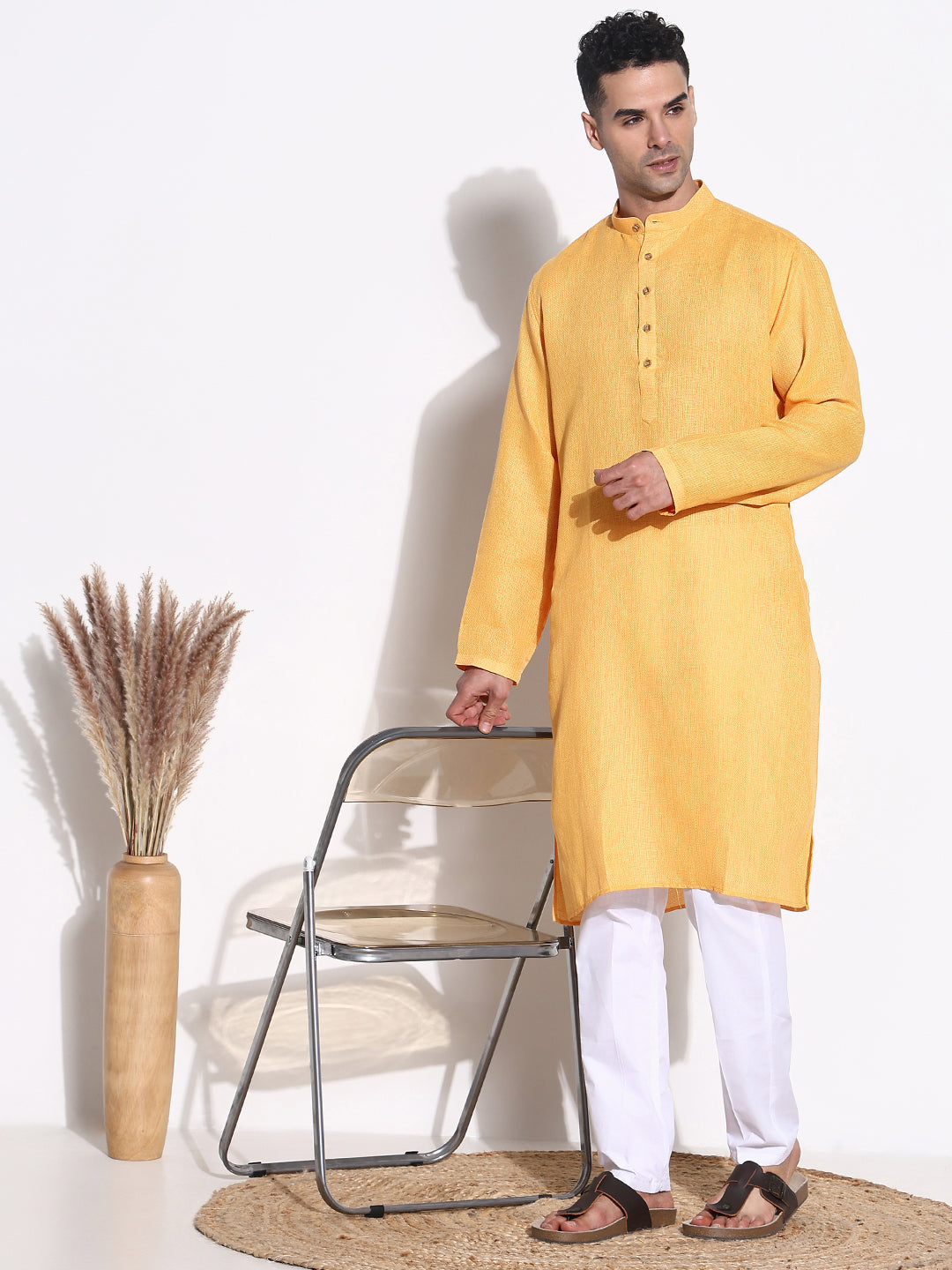 Men Yellow Solid Kurta Set