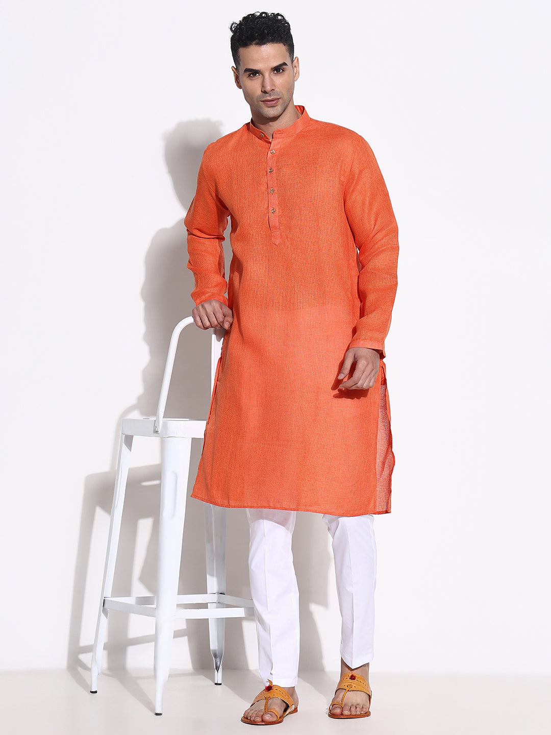 Men Orange Solid Kurta Set