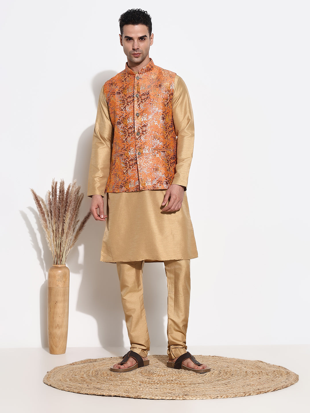 Men Beige Solid Kurta Set with Nehru Jacket