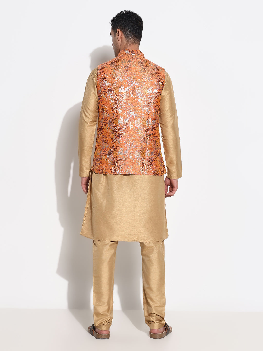 Men Beige Solid Kurta Set with Nehru Jacket