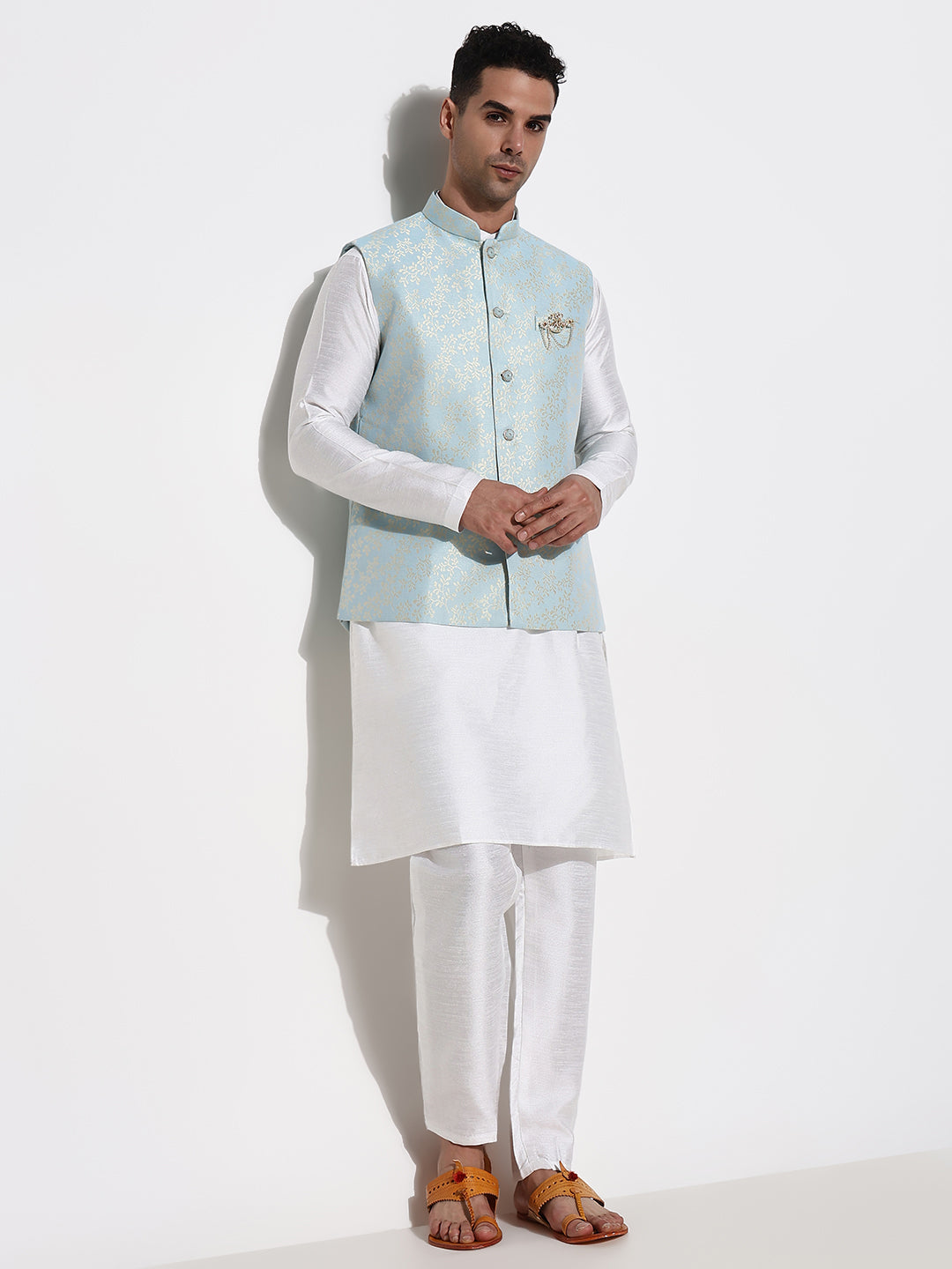 Men White Solid Kurta Set with Nehru Jacket