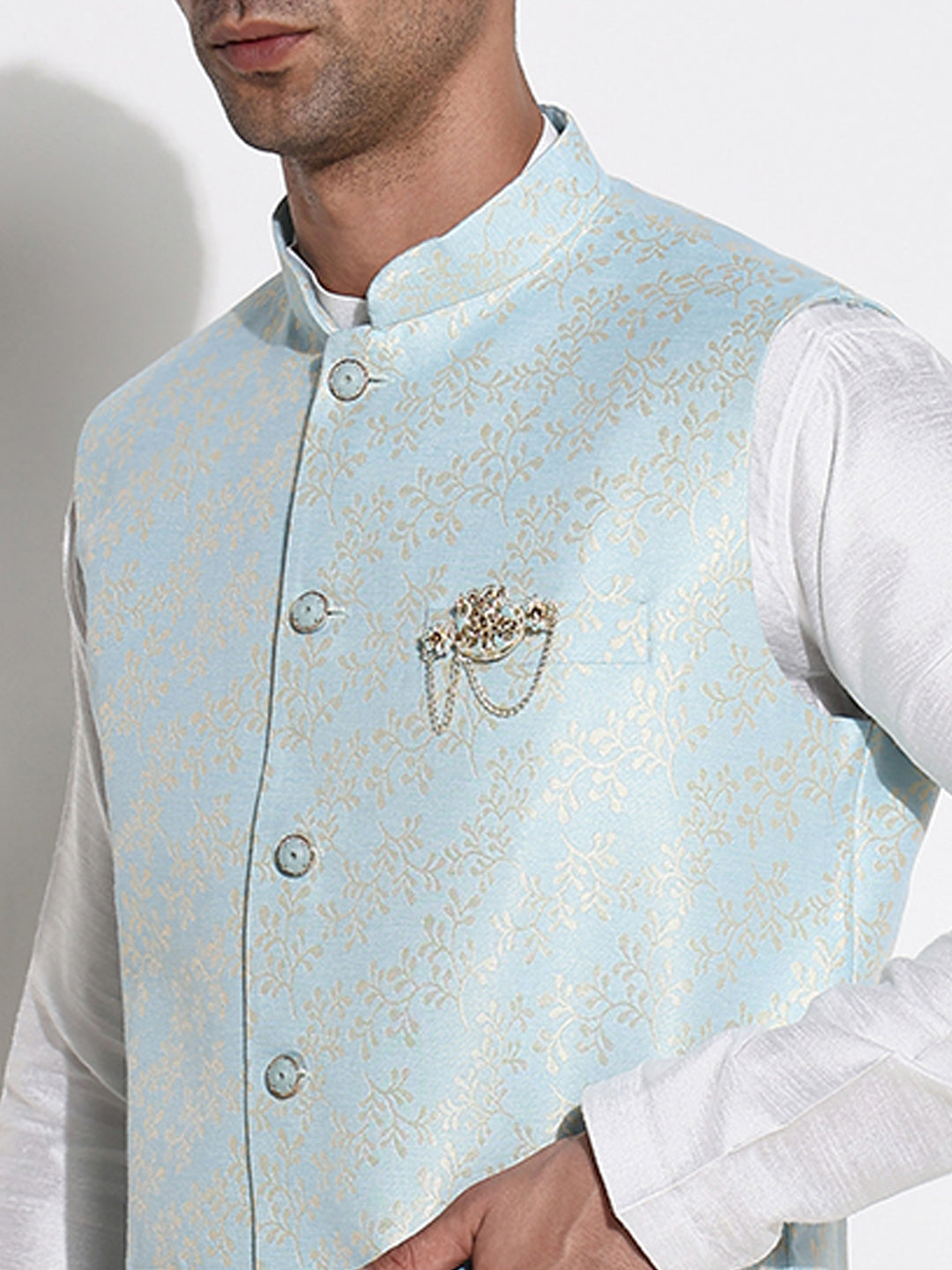 Men White Solid Kurta Set with Nehru Jacket