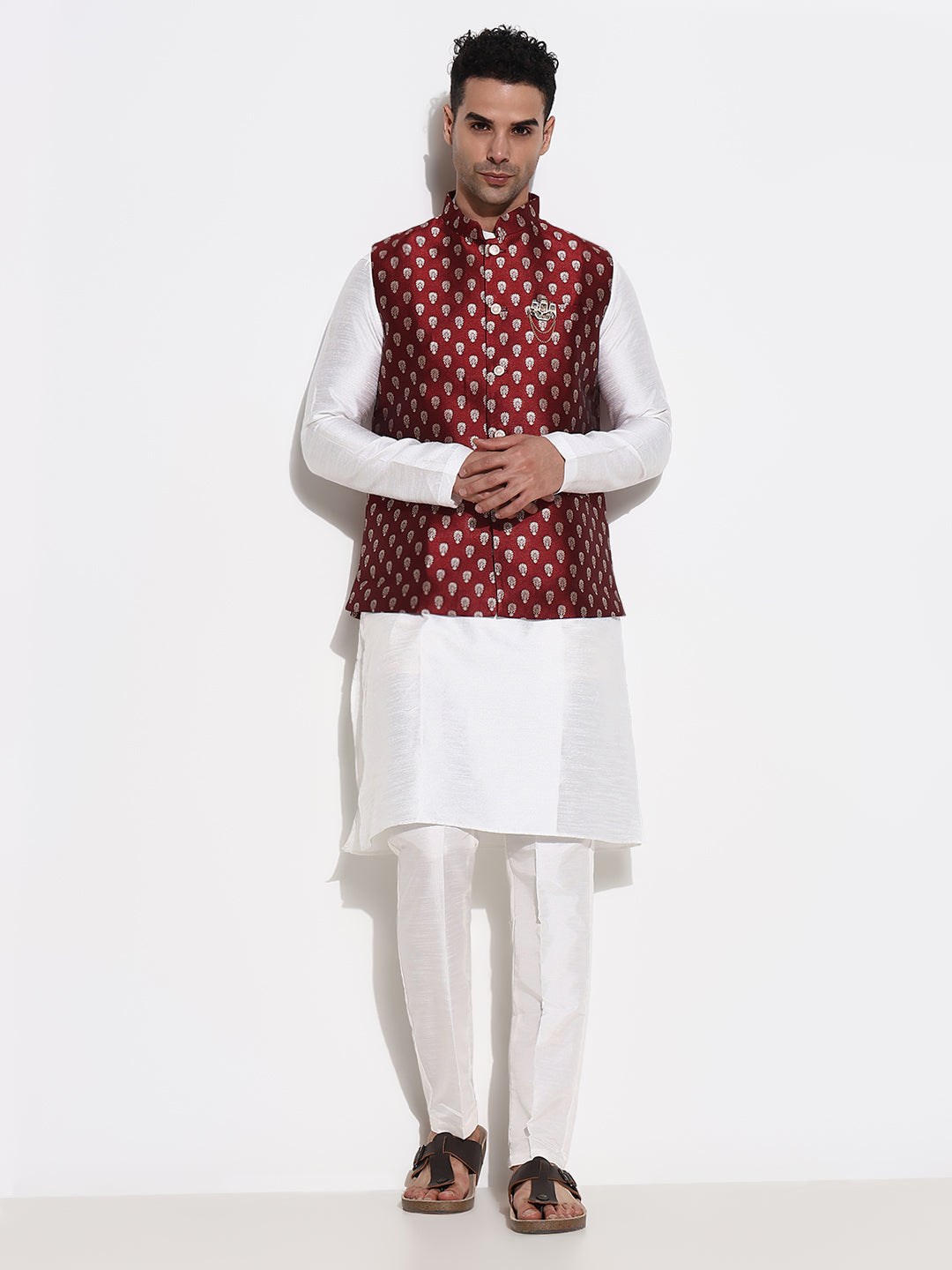 Men White Solid Kurta Set with Nehru Jacket