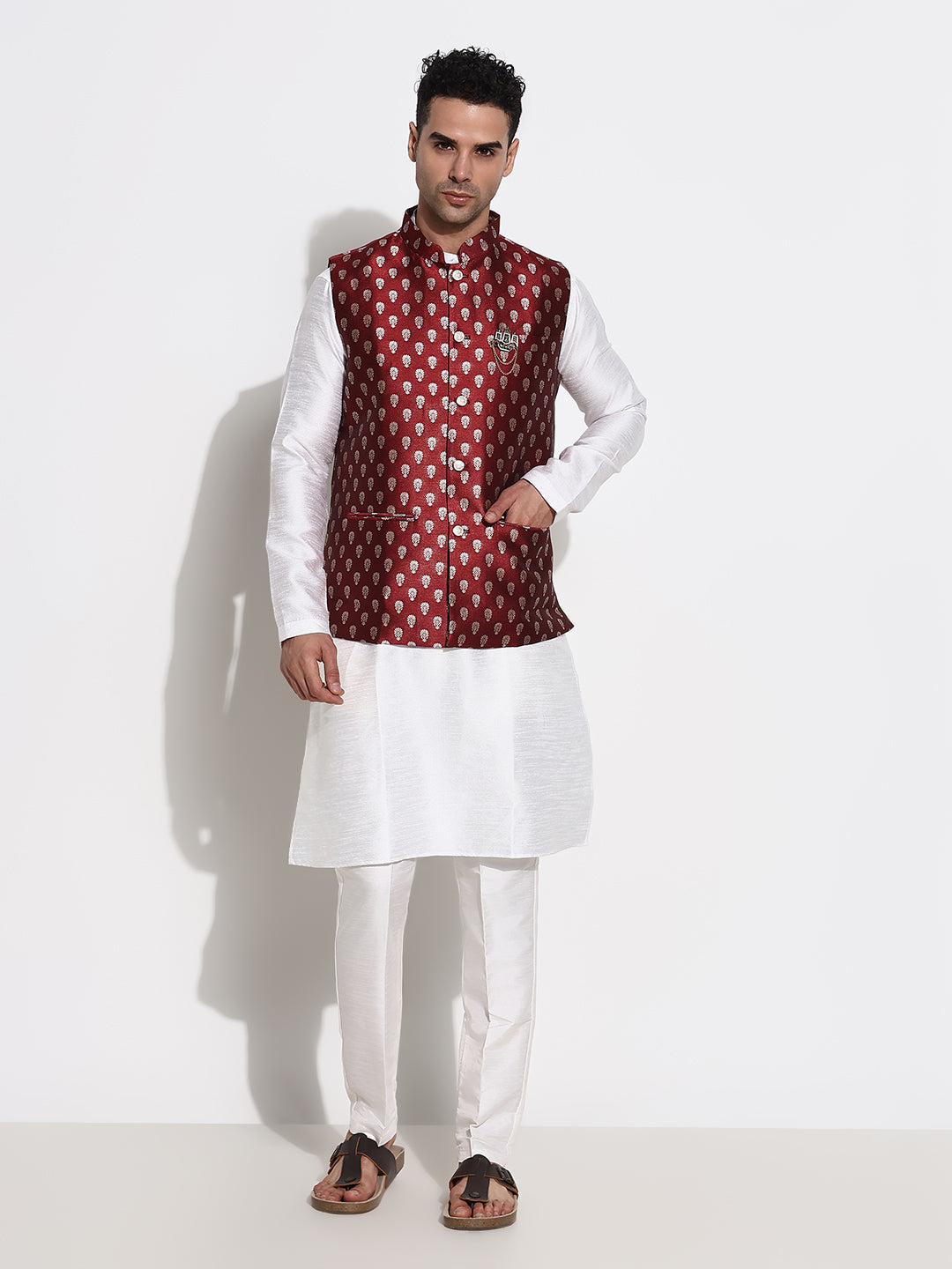 Men White Solid Kurta Set with Nehru Jacket