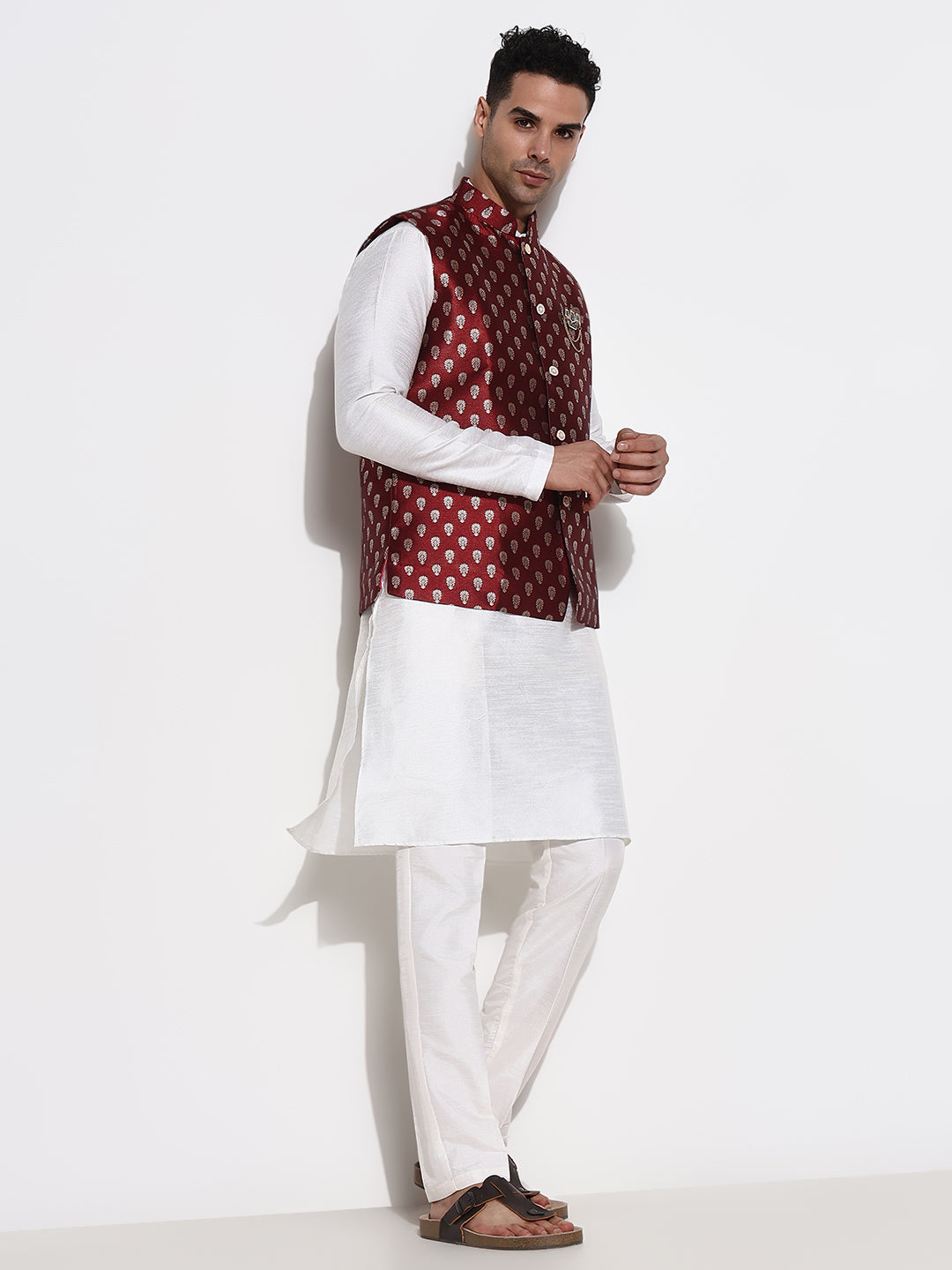 Men White Solid Kurta Set with Nehru Jacket