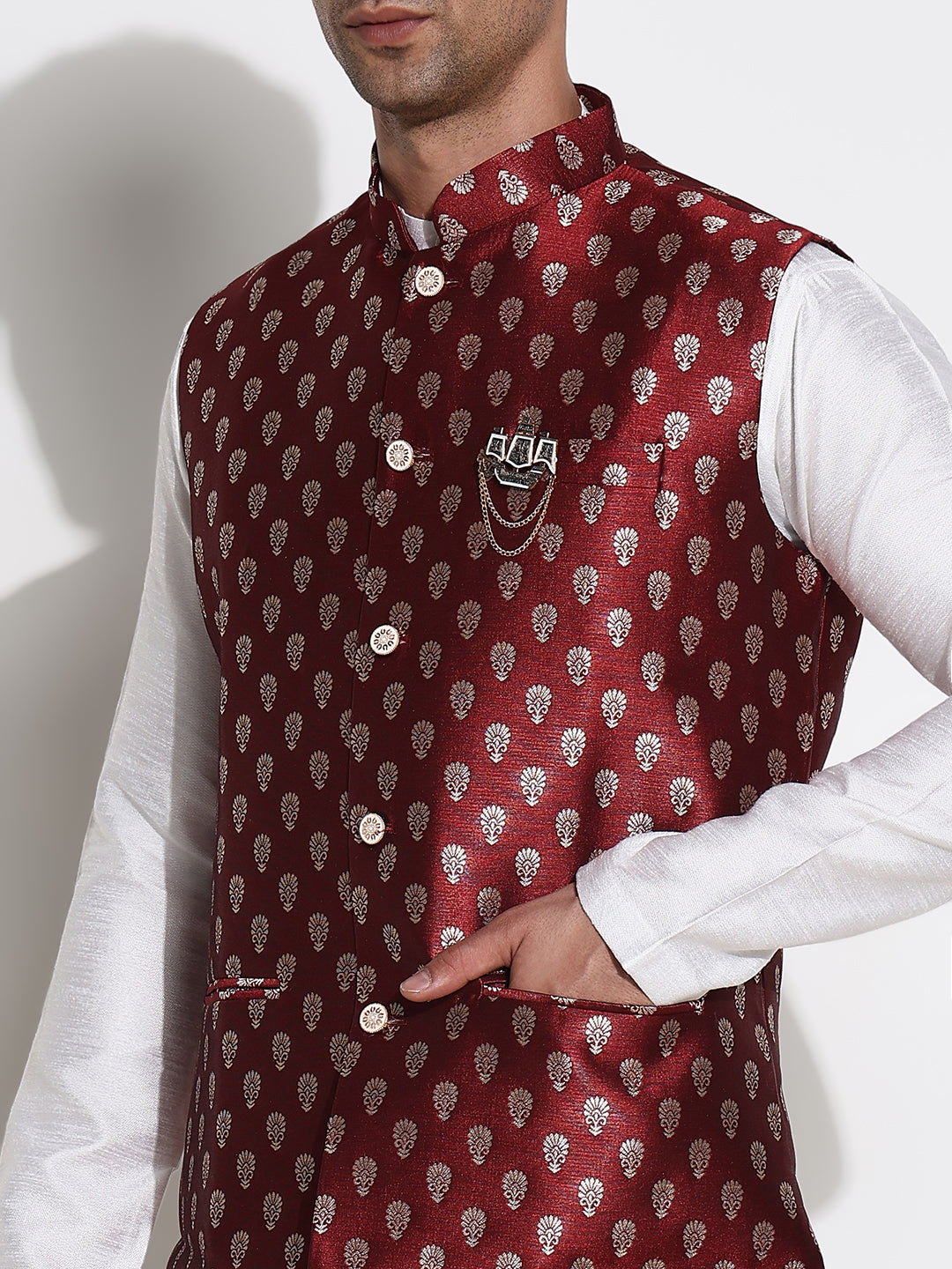 Men White Solid Kurta Set with Nehru Jacket