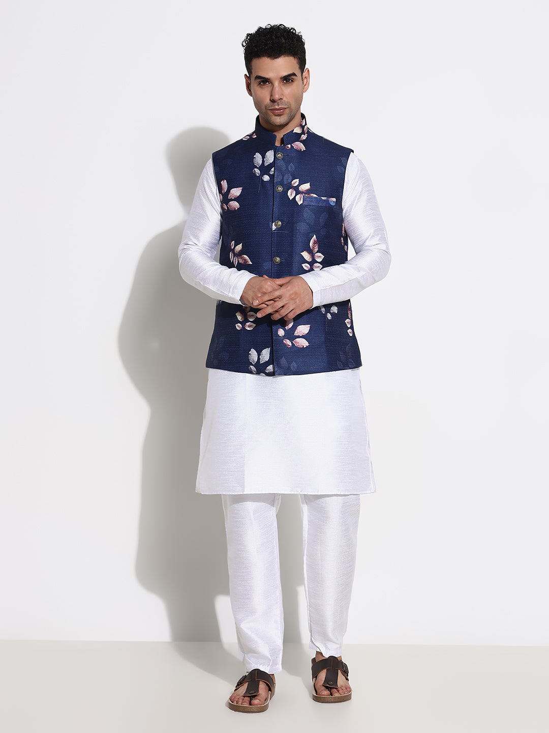 Men White Solid Kurta Set with Nehru Jacket