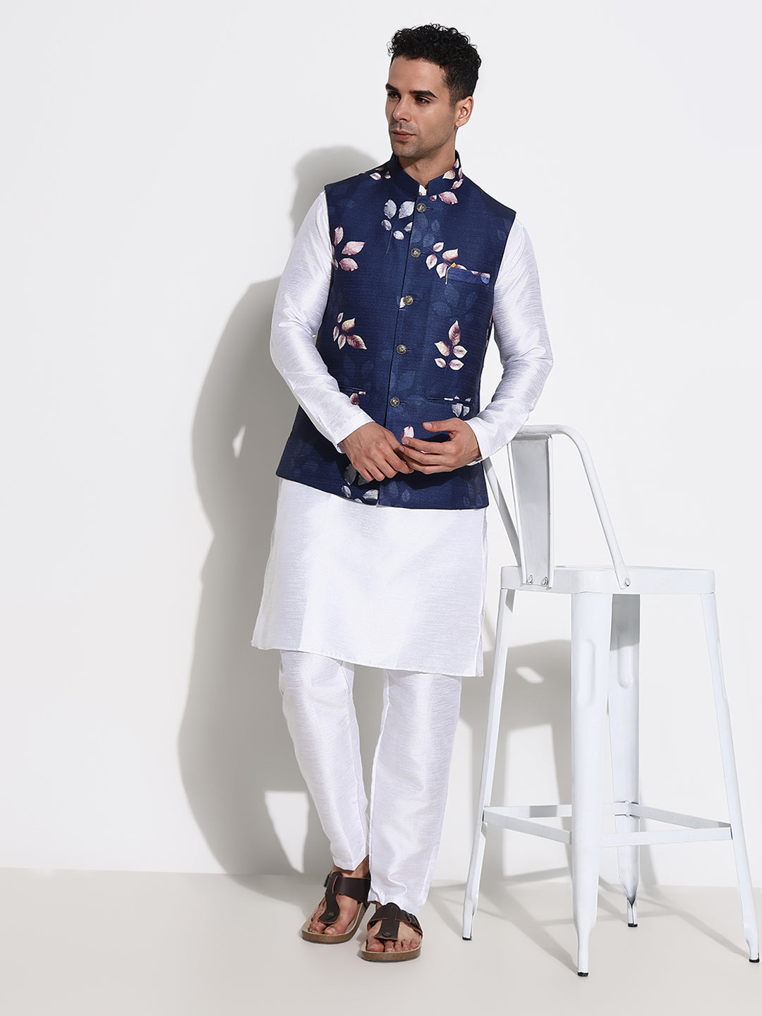 Men White Solid Kurta Set with Nehru Jacket