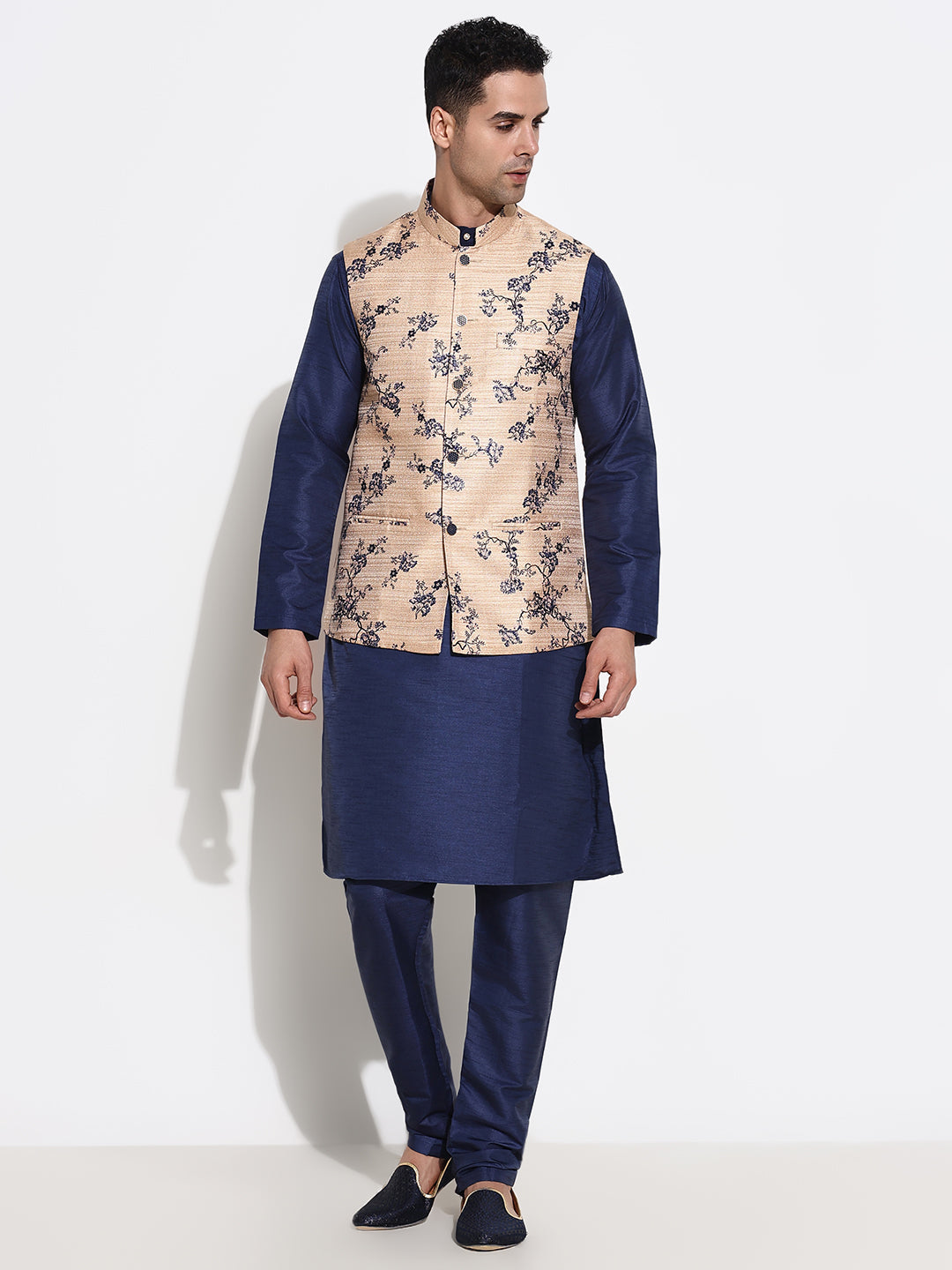 Men Navy Blue Solid Kurta Set with Nehru Jacket