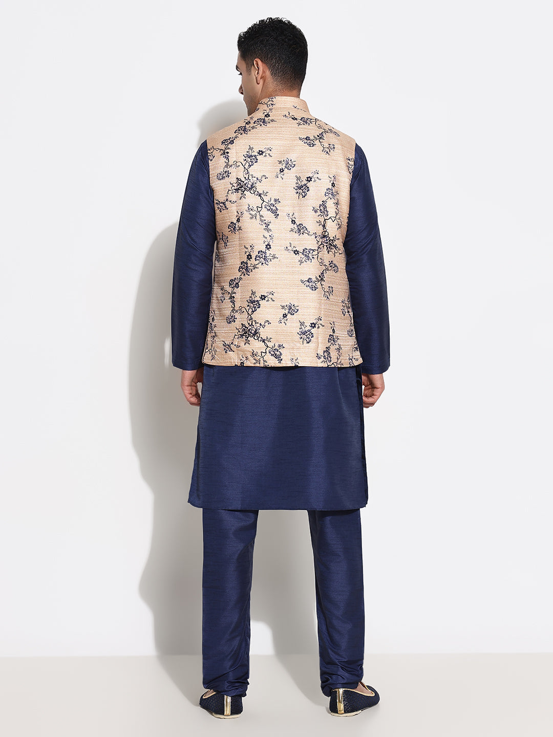 Men Navy Blue Solid Kurta Set with Nehru Jacket