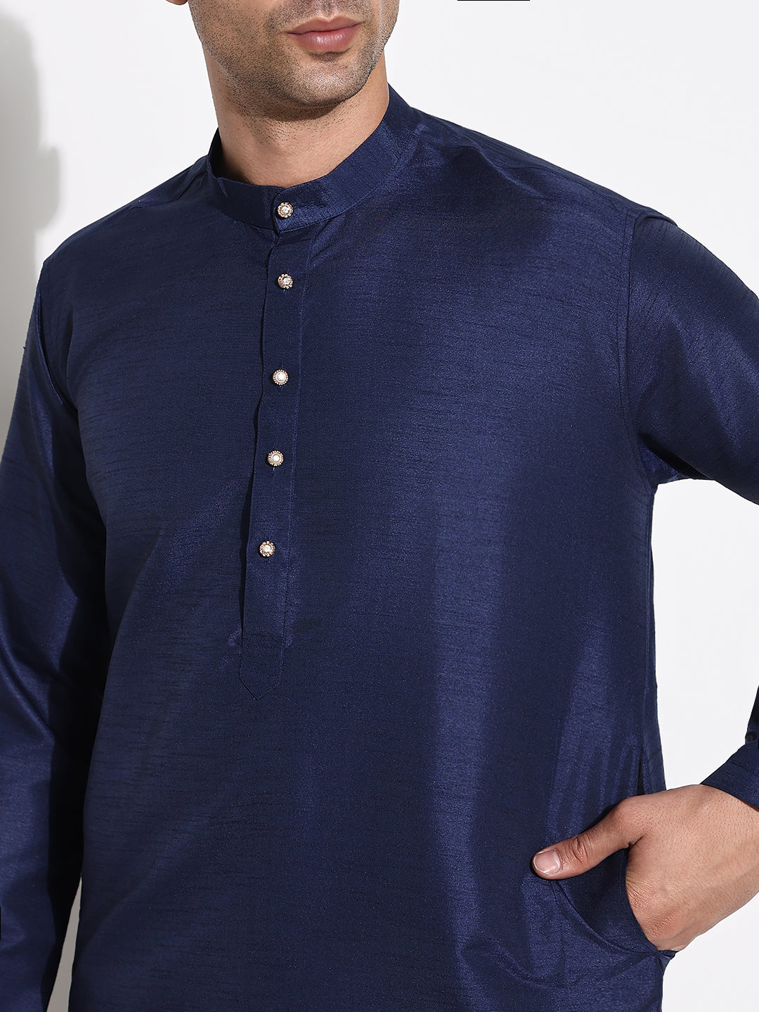 Men Navy Blue Solid Kurta Set with Nehru Jacket