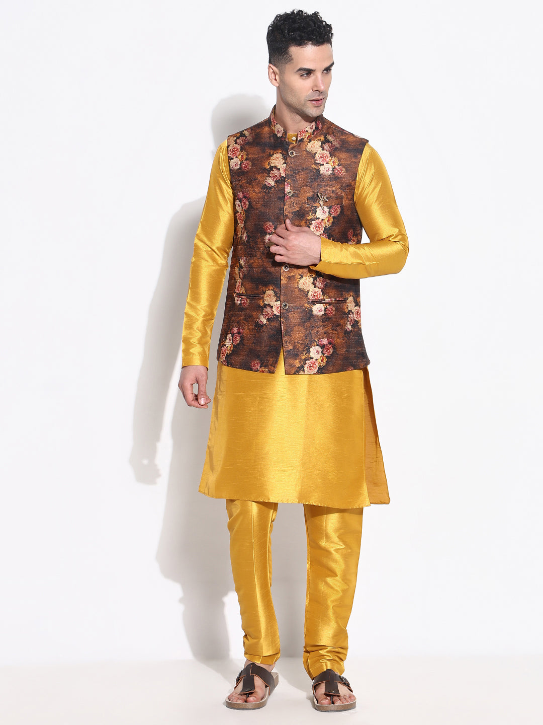 Men Mustard Solid Kurta Set with Nehru Jacket