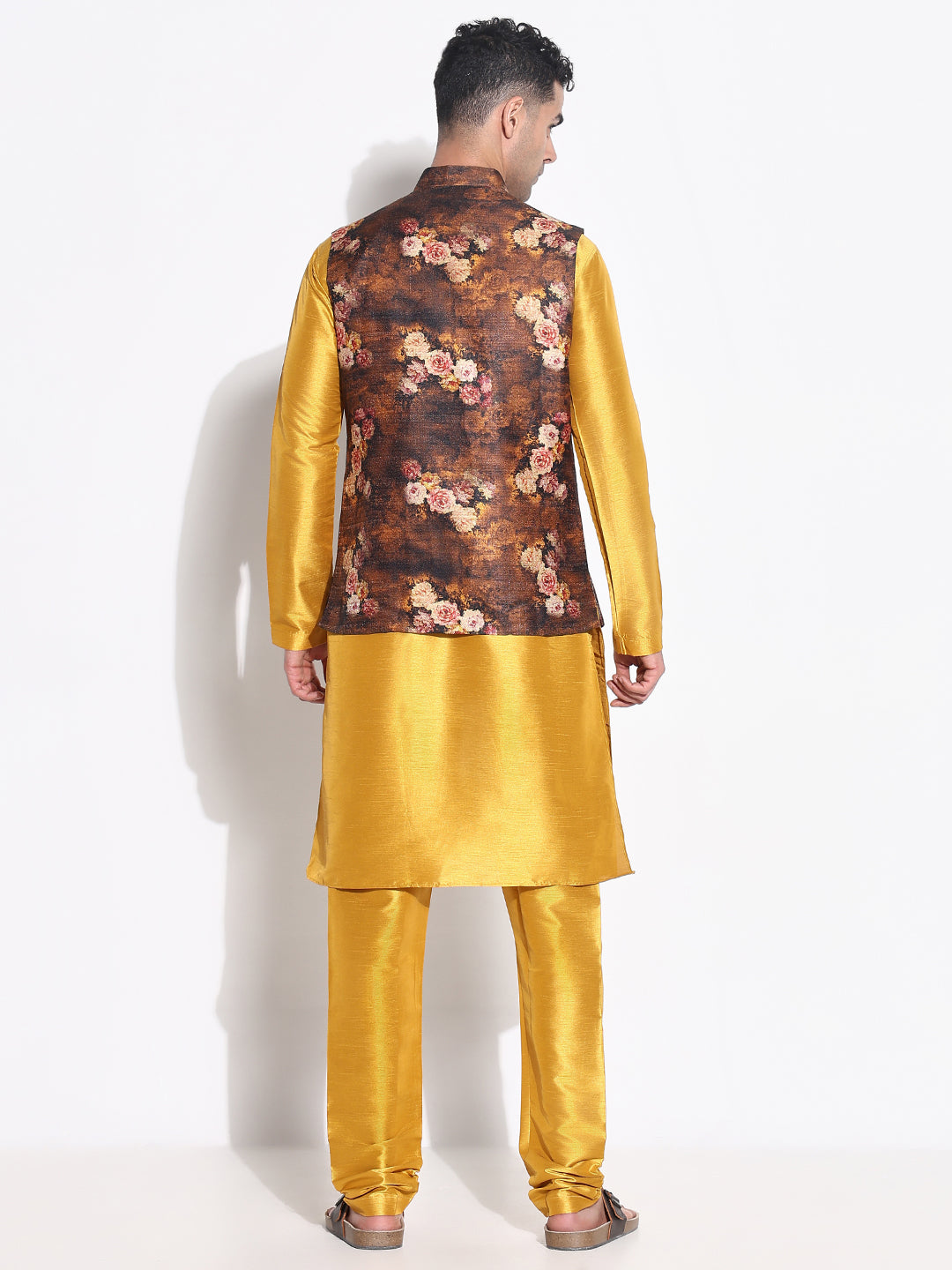 Men Mustard Solid Kurta Set with Nehru Jacket