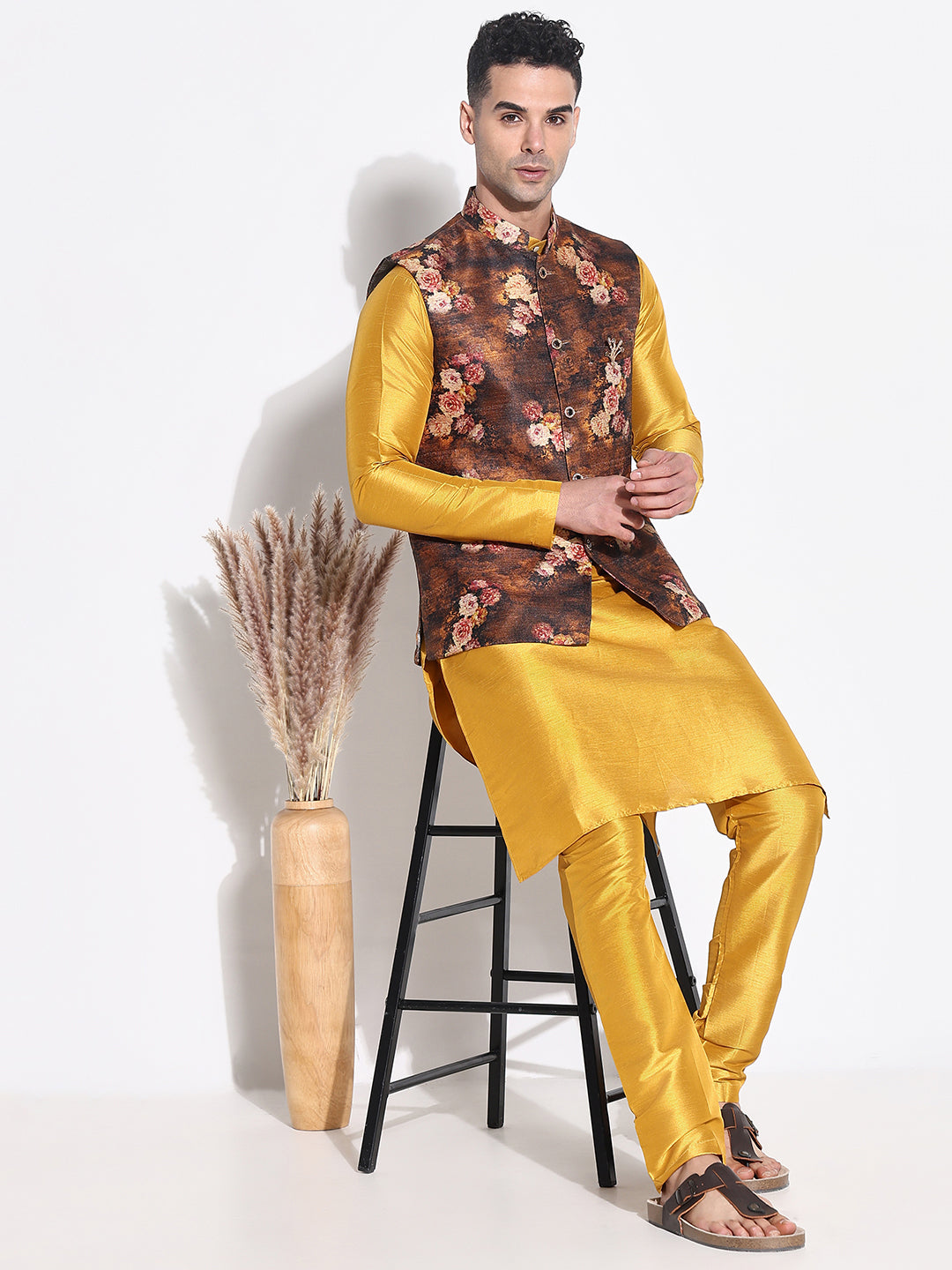 Men Mustard Solid Kurta Set with Nehru Jacket