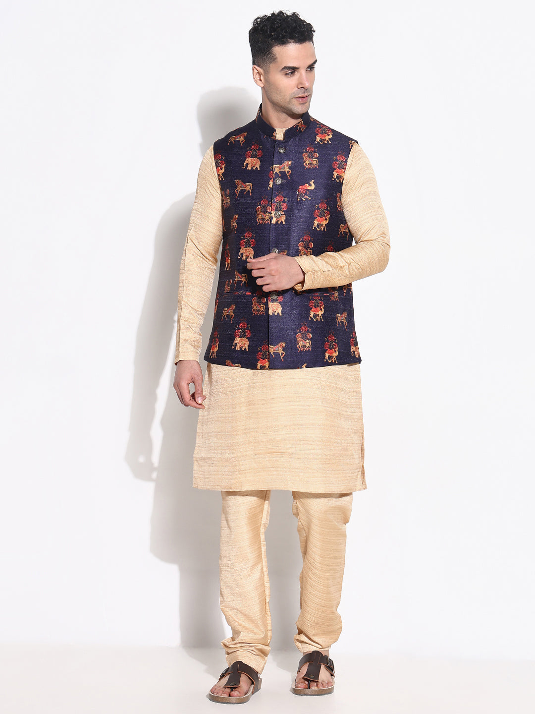 Men Beige Solid Kurta Set with Nehru Jacket