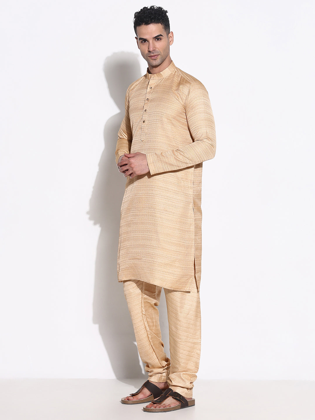 Men Beige Solid Kurta Set with Nehru Jacket