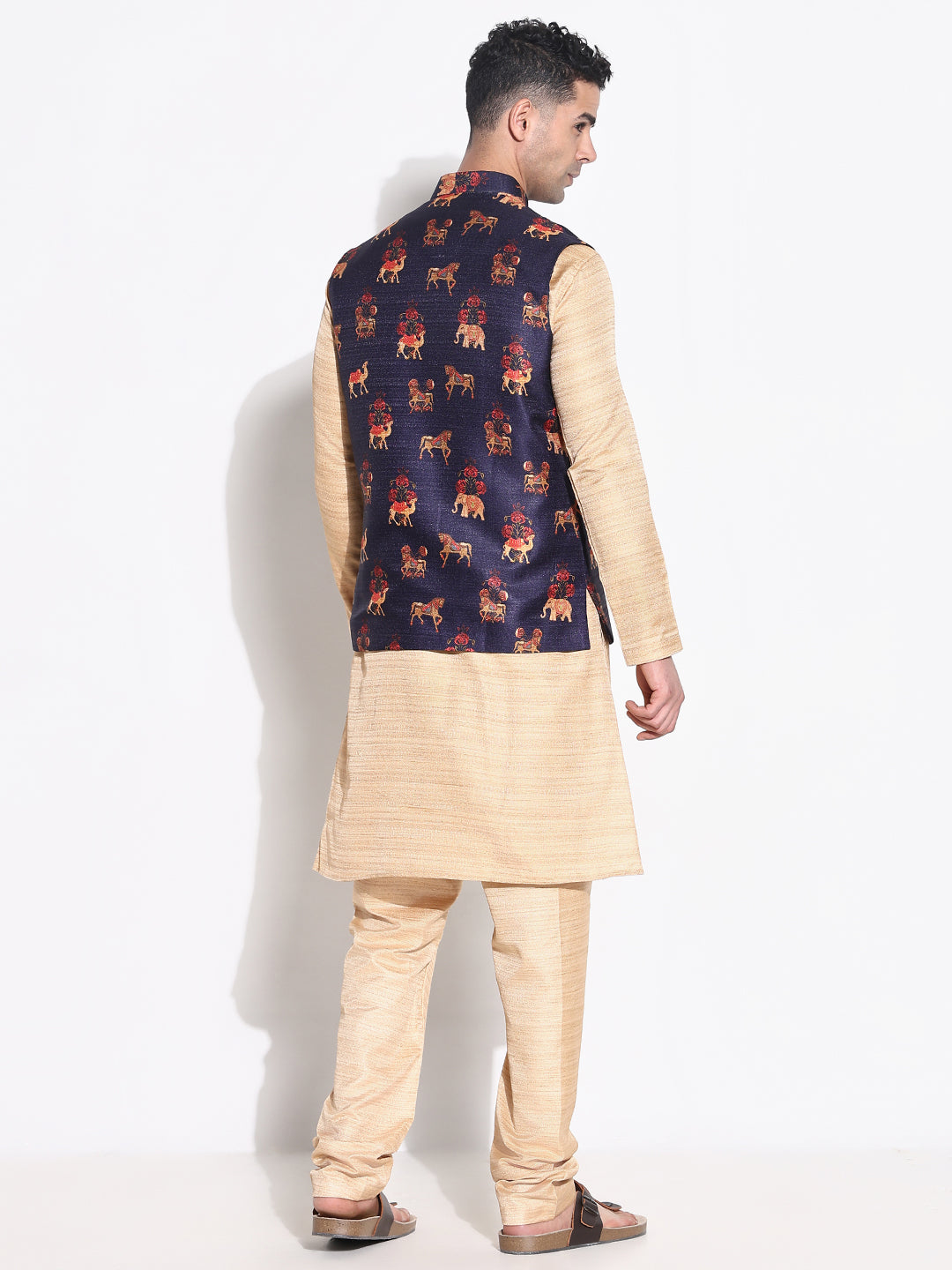 Men Beige Solid Kurta Set with Nehru Jacket