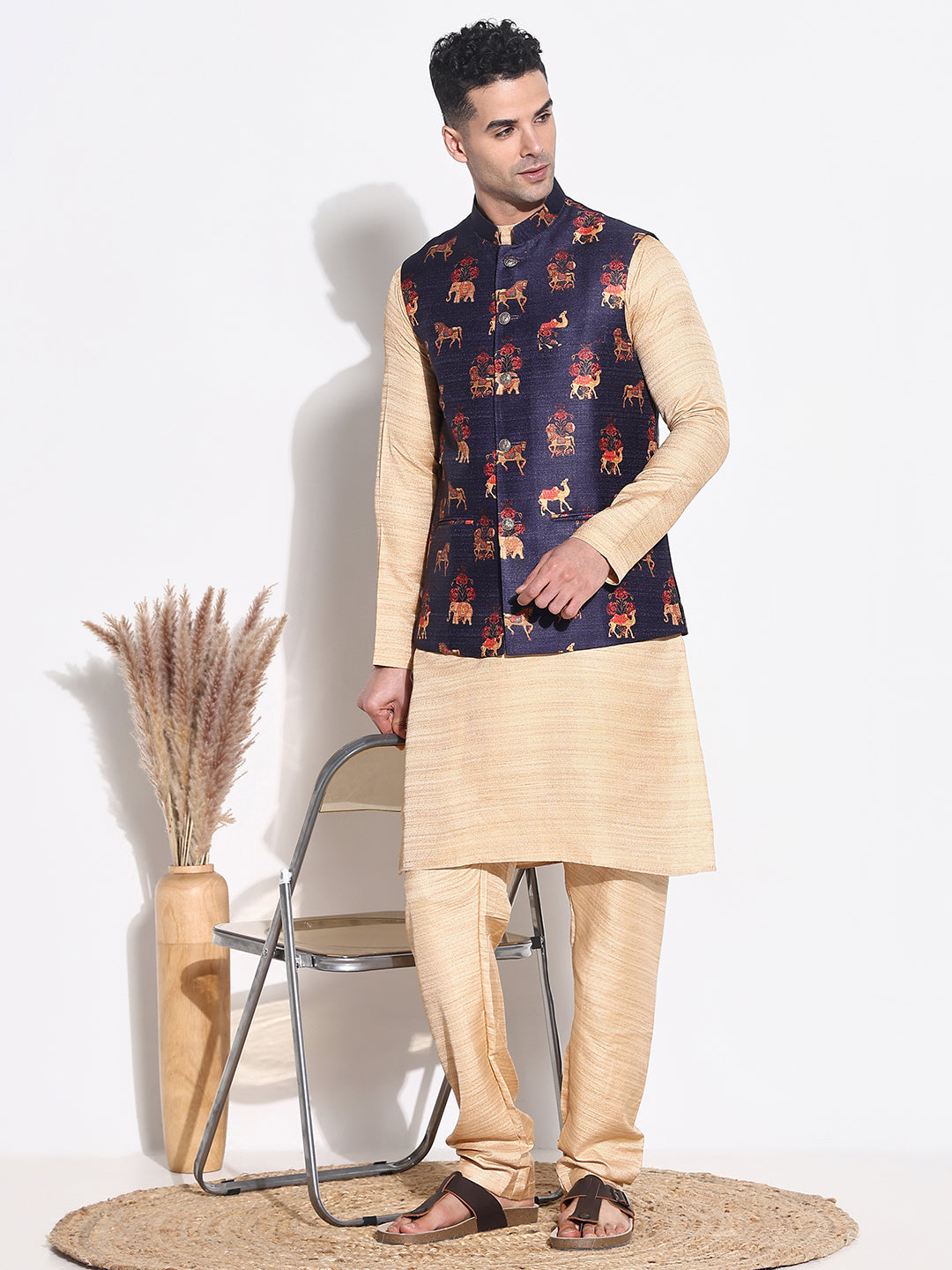 Men Beige Solid Kurta Set with Nehru Jacket