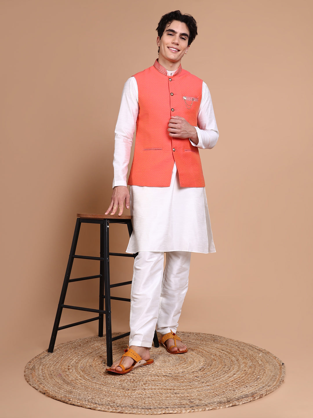 Men White Solid Kurta Set with Nehru jacket