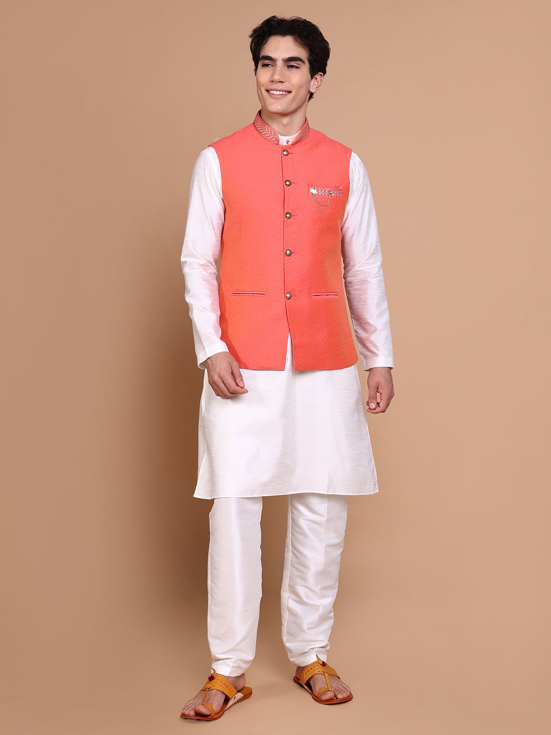 Men White Solid Kurta Set with Nehru jacket