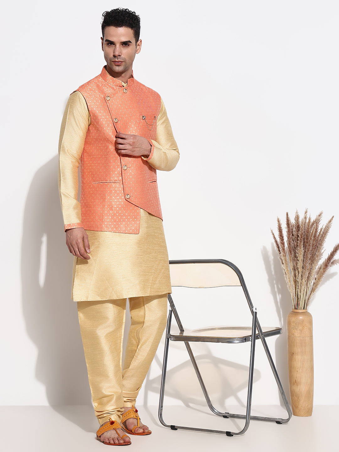 Men Beige Solid Kurta Set with Nehru Jacket