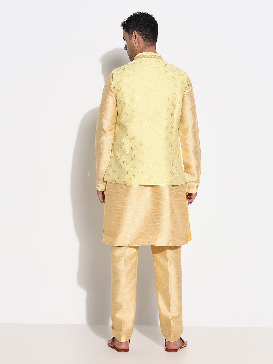 Men Beige Solid Kurta Set with Nehru Jacket