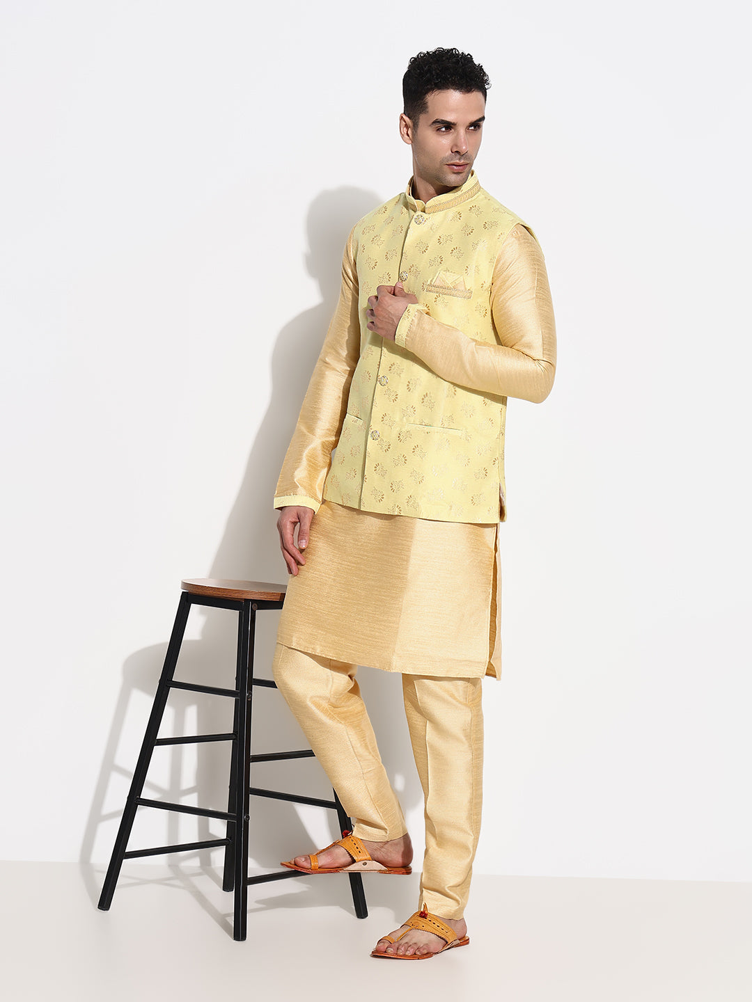 Men Beige Solid Kurta Set with Nehru Jacket