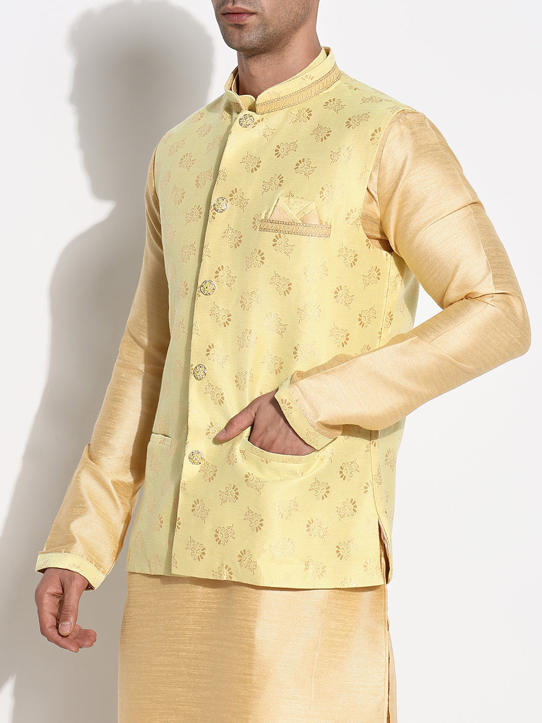 Men Beige Solid Kurta Set with Nehru Jacket