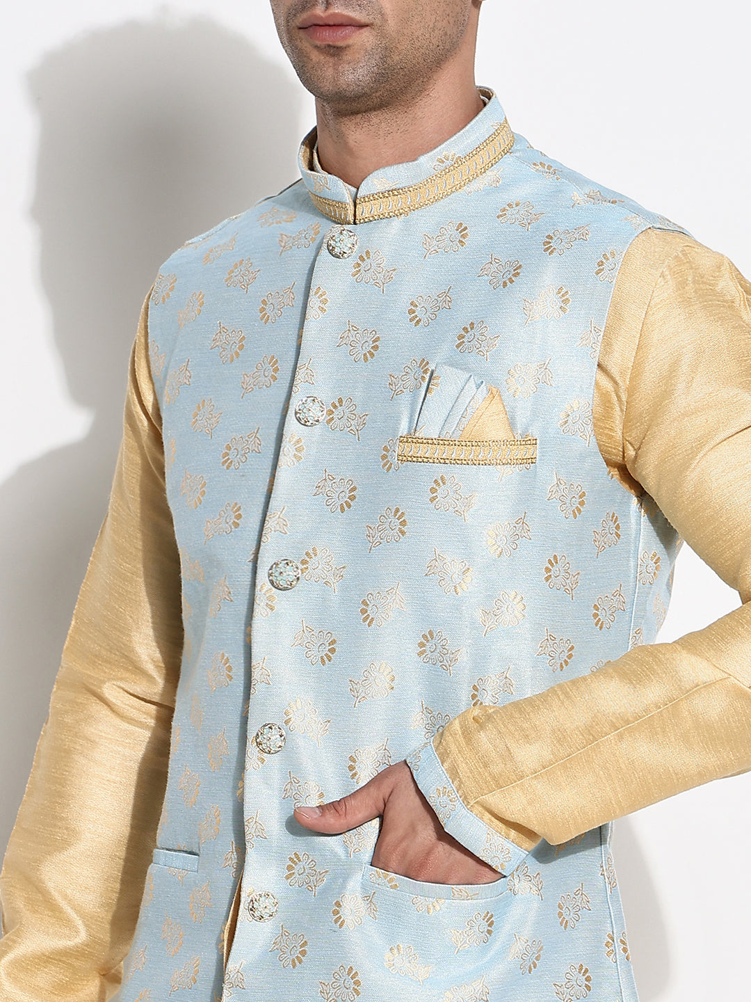 Men Beige Solid Kurta Set with Nehru Jacket