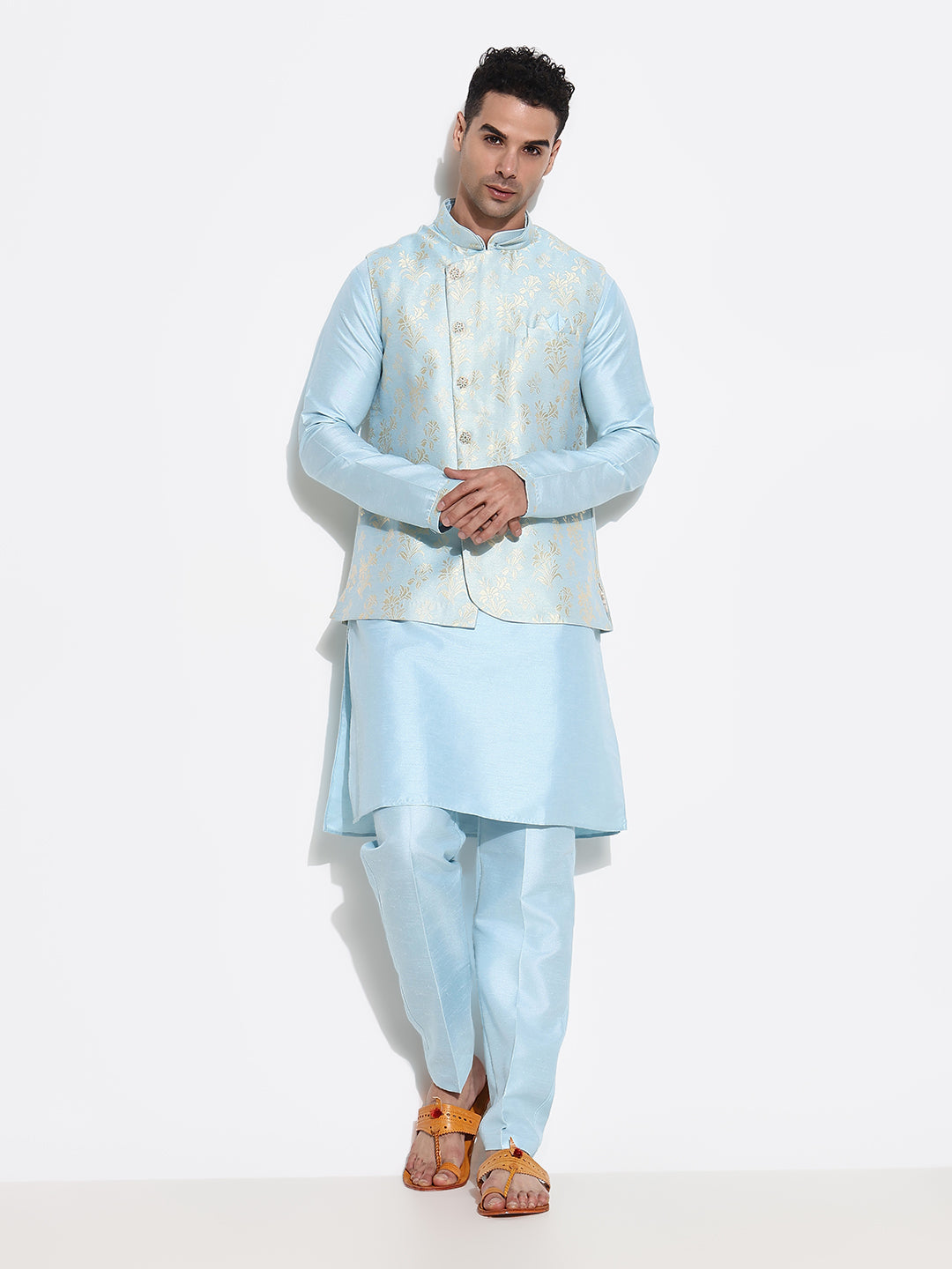 Men Blue Solid Kurta Set with Nehru Jacket