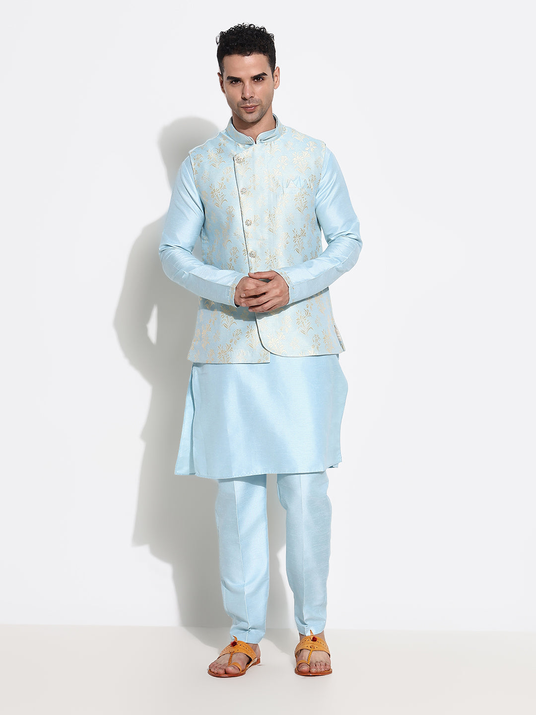 Men Blue Solid Kurta Set with Nehru Jacket