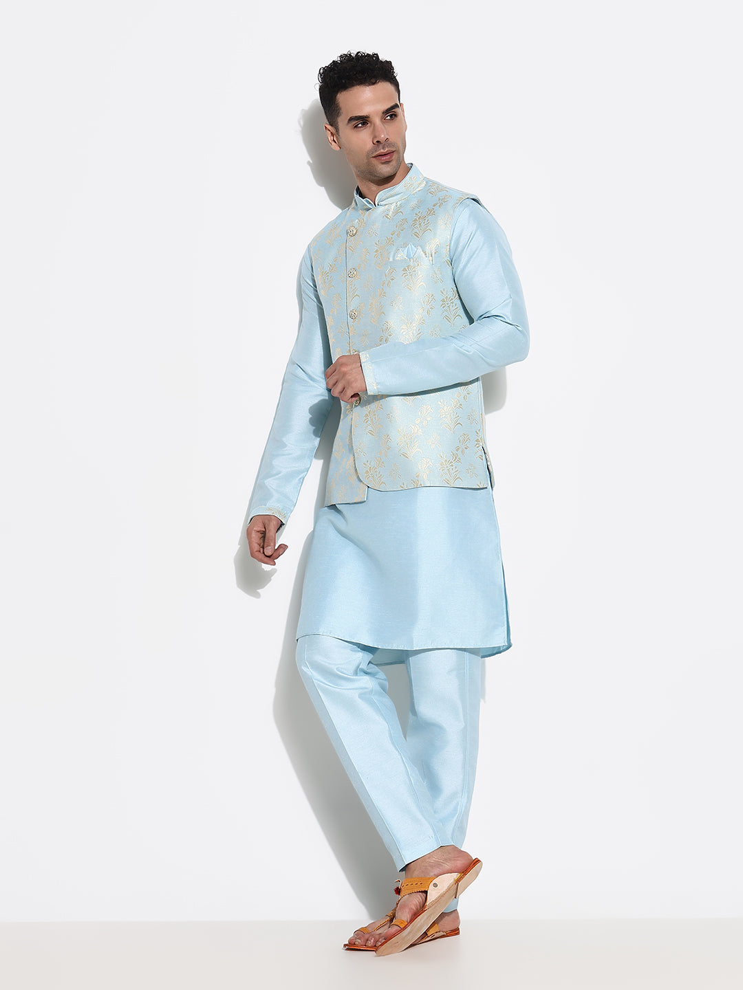 Men Blue Solid Kurta Set with Nehru Jacket