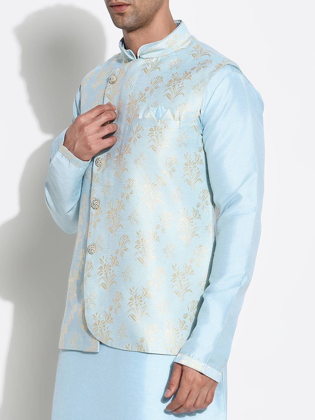 Men Blue Solid Kurta Set with Nehru Jacket