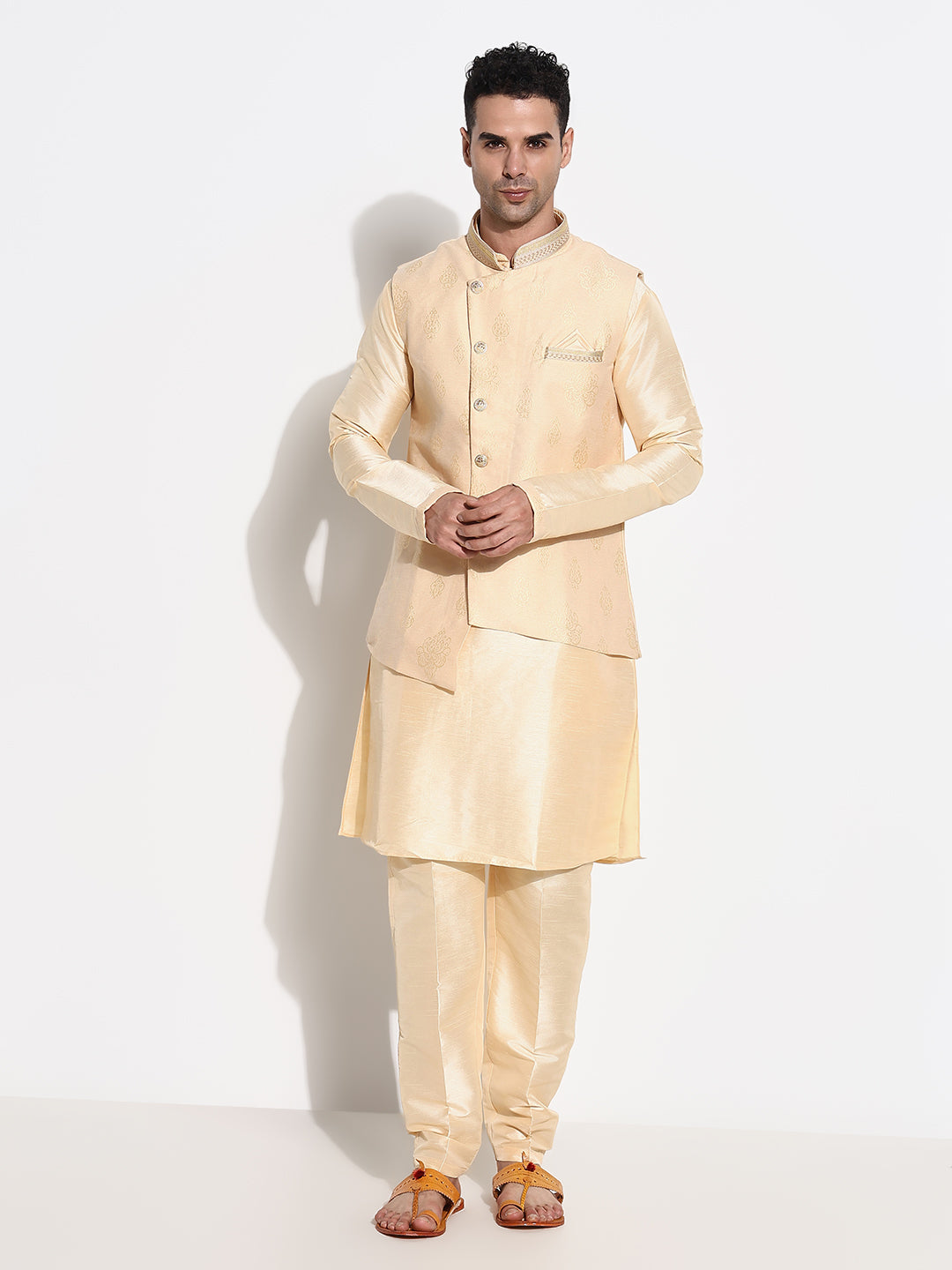 Men Beige Solid Kurta Set with Nehru Jacket