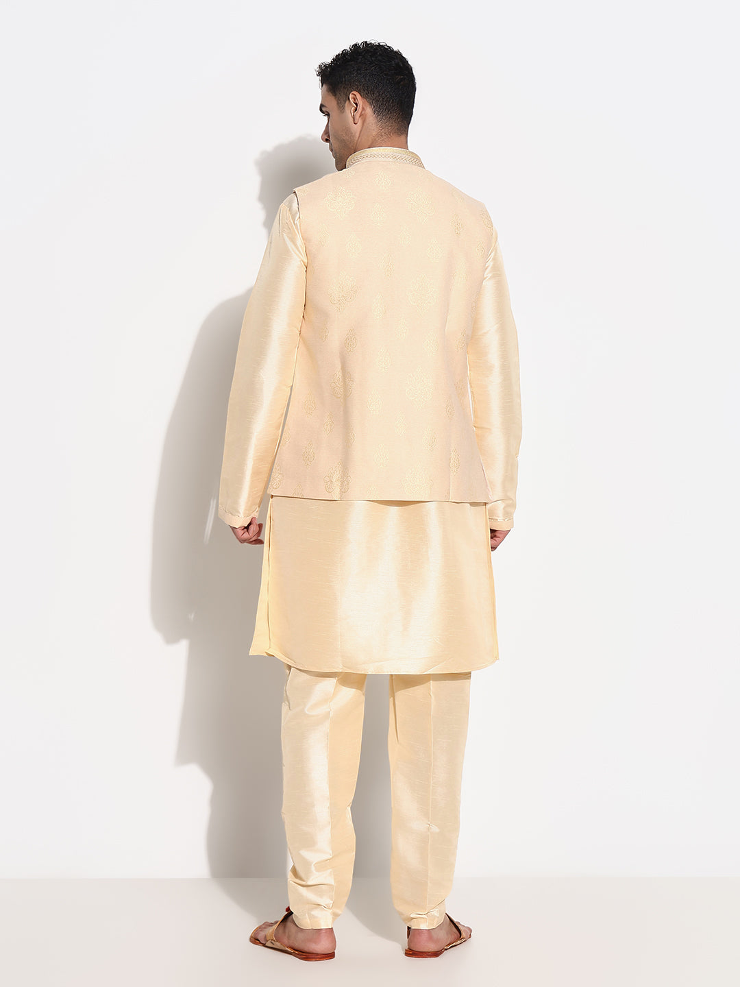 Men Beige Solid Kurta Set with Nehru Jacket