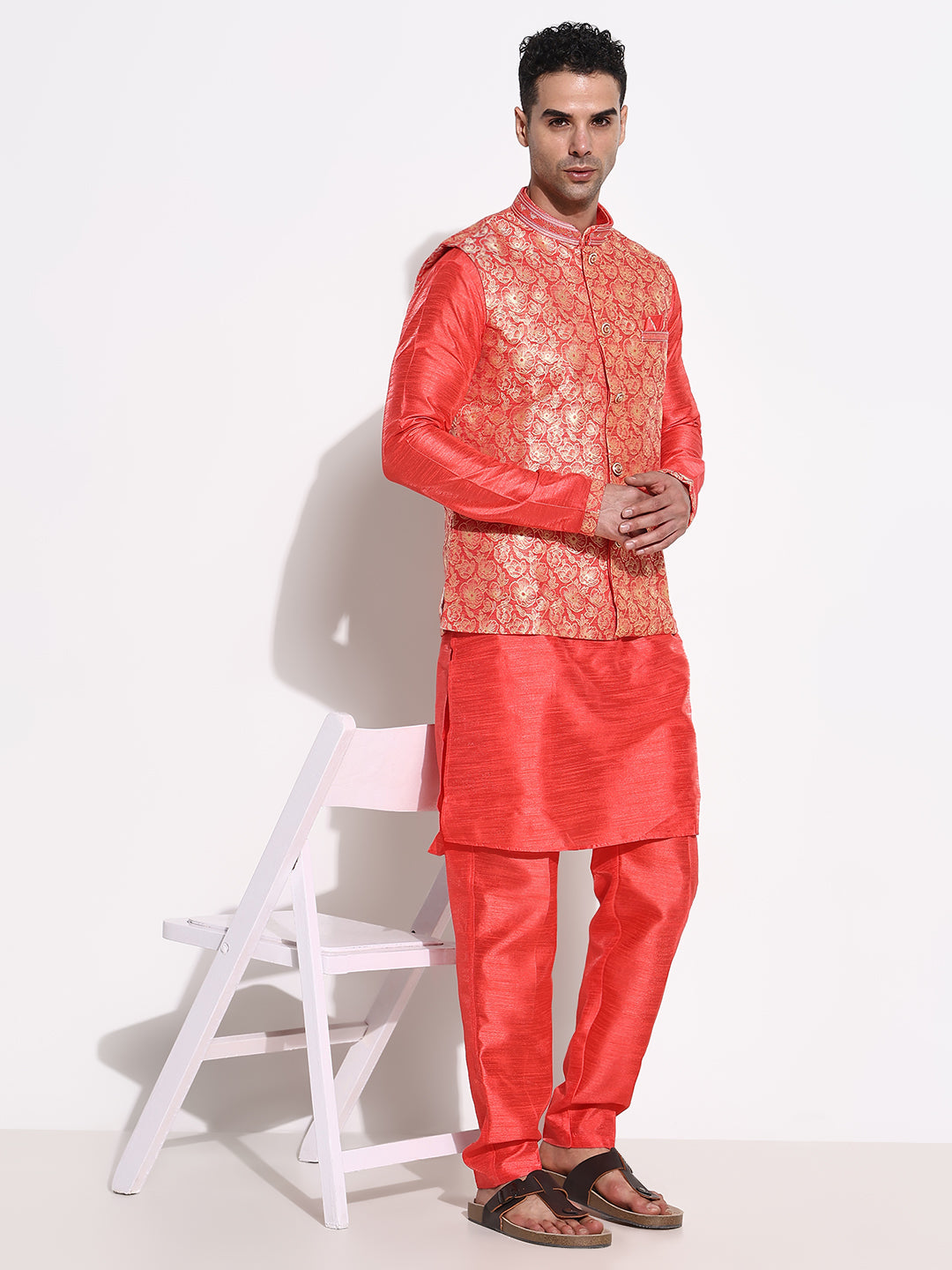 Men Red Solid Kurta Set with Nehru Jacket