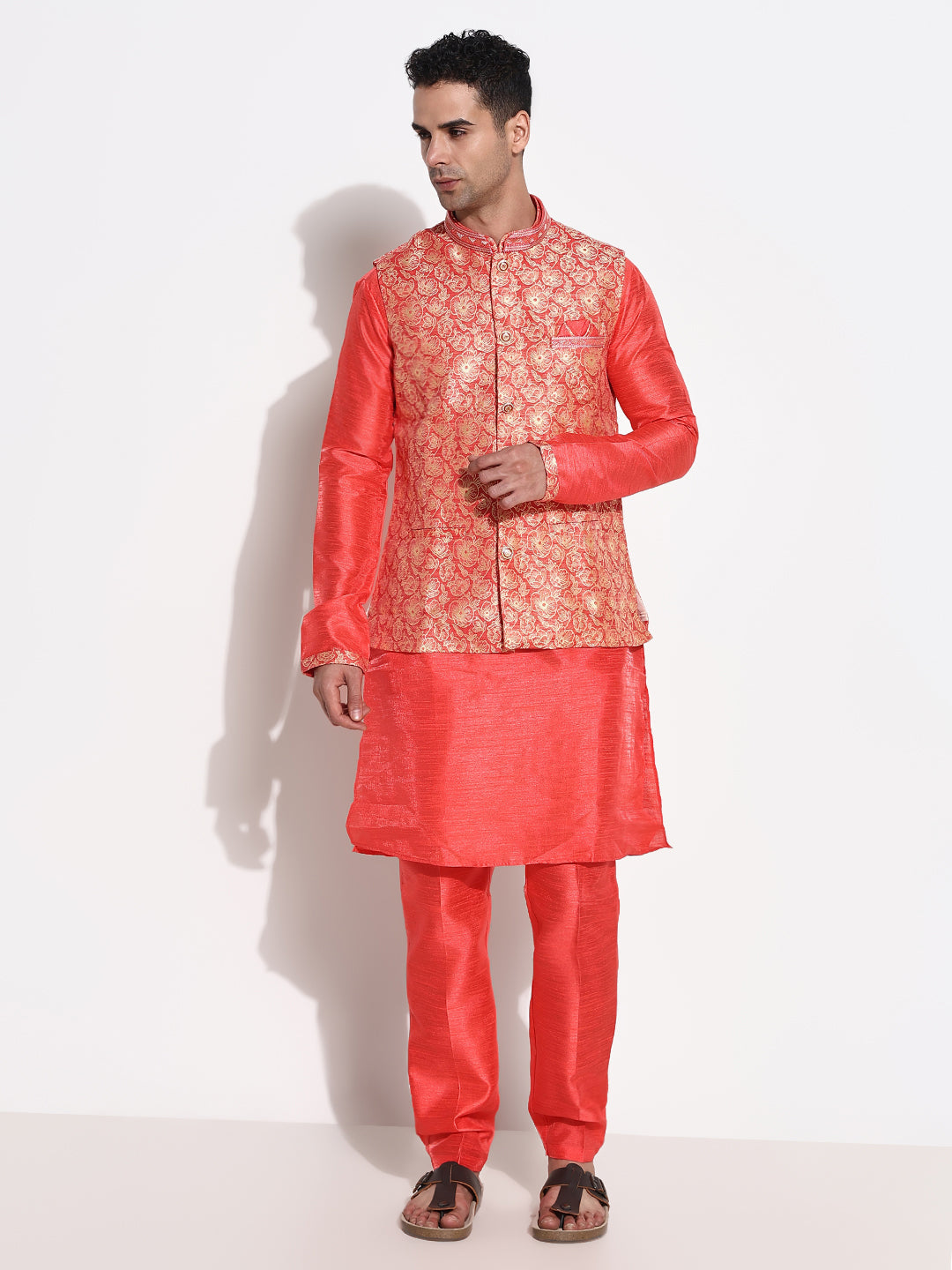 Men Red Solid Kurta Set with Nehru Jacket