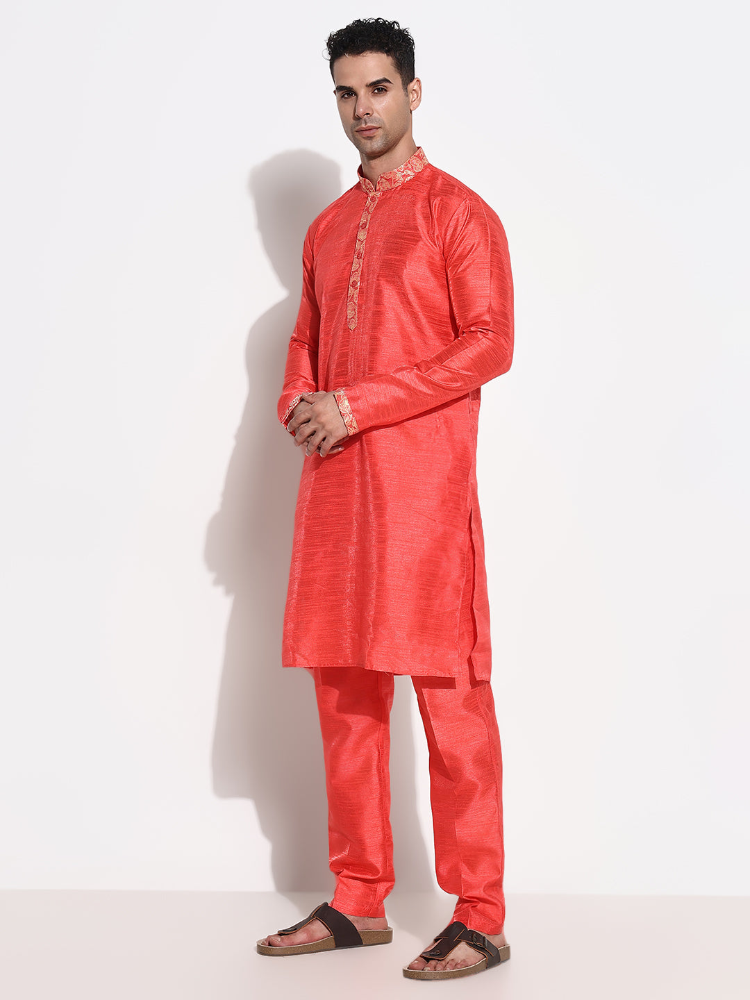 Men Red Solid Kurta Set with Nehru Jacket