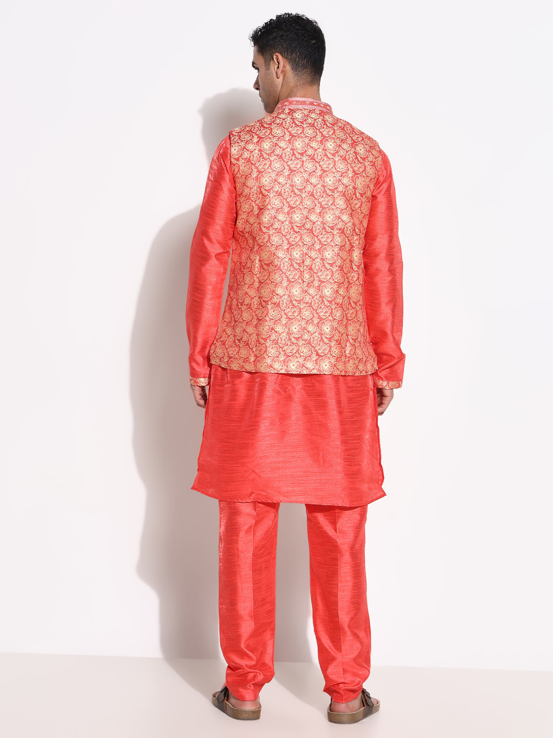 Men Red Solid Kurta Set with Nehru Jacket