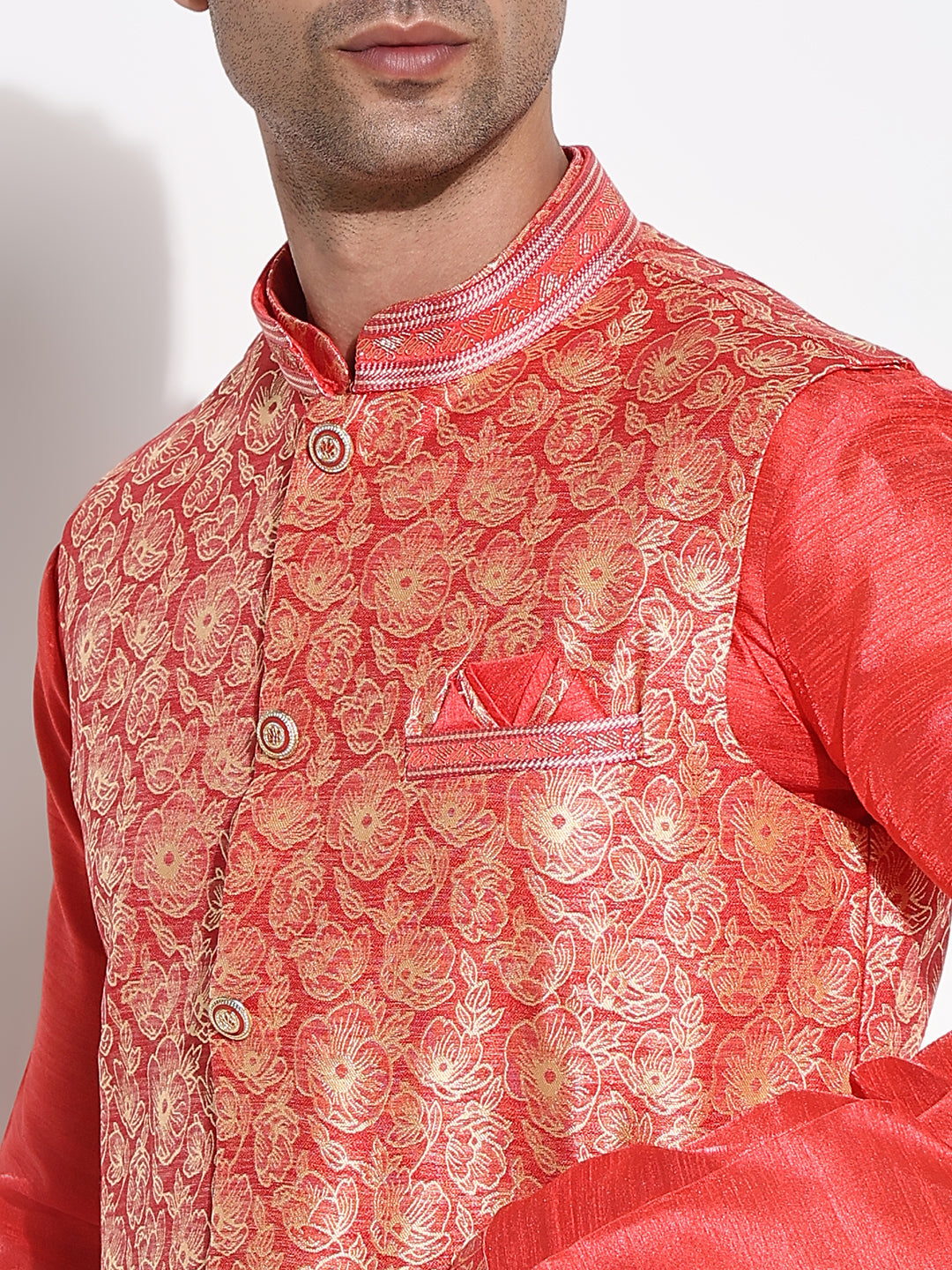 Men Red Solid Kurta Set with Nehru Jacket