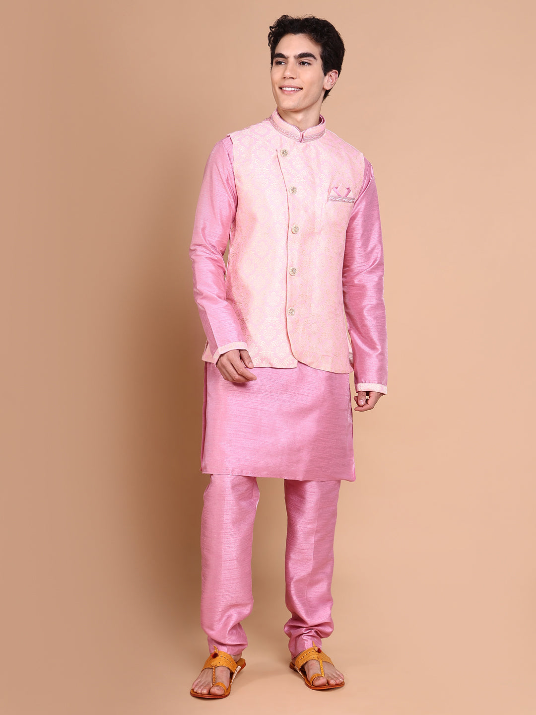 Men Pink Solid Kurta Set with Nehru jacket