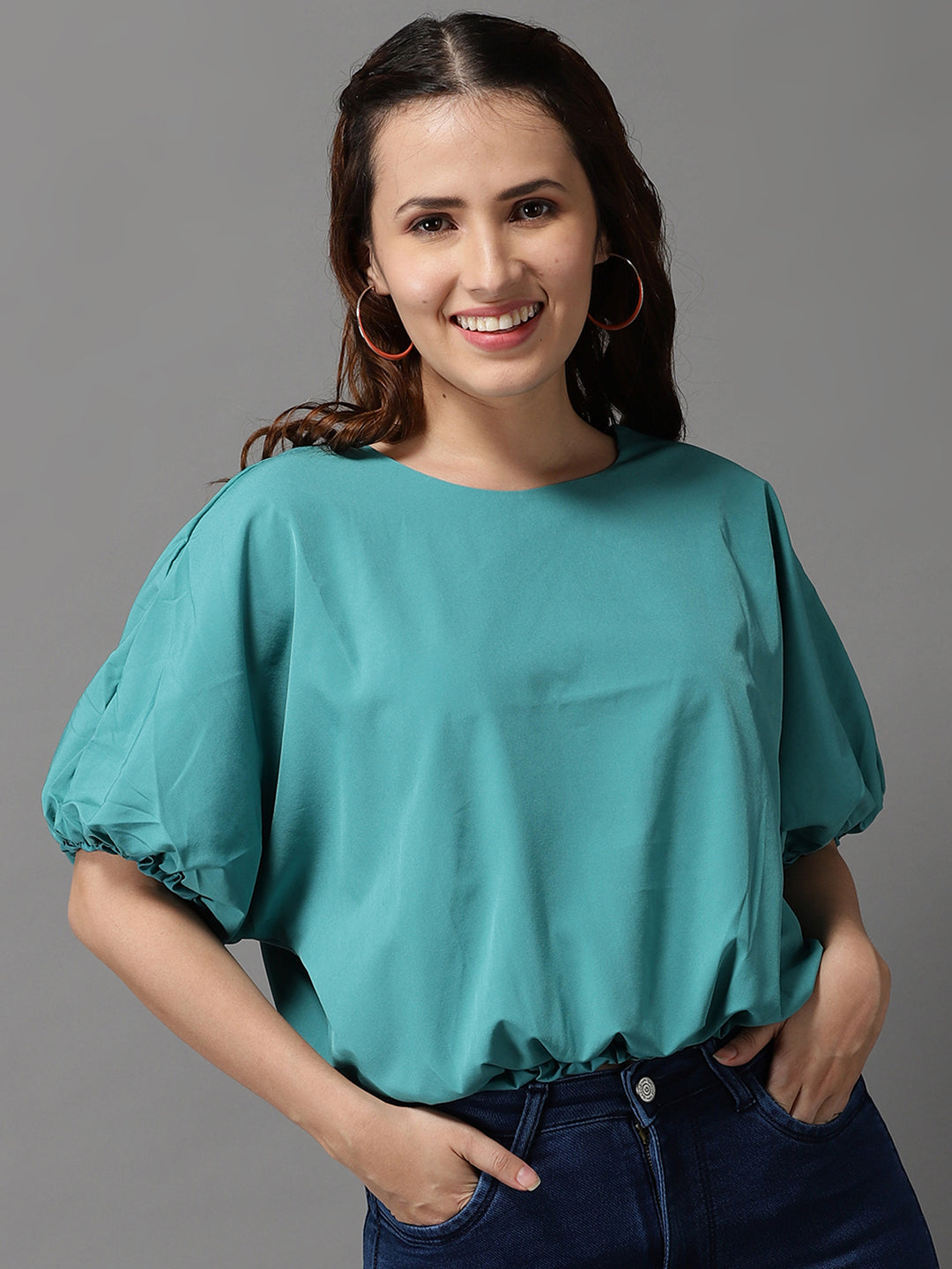 Women Solid Green Cinched Waist Top